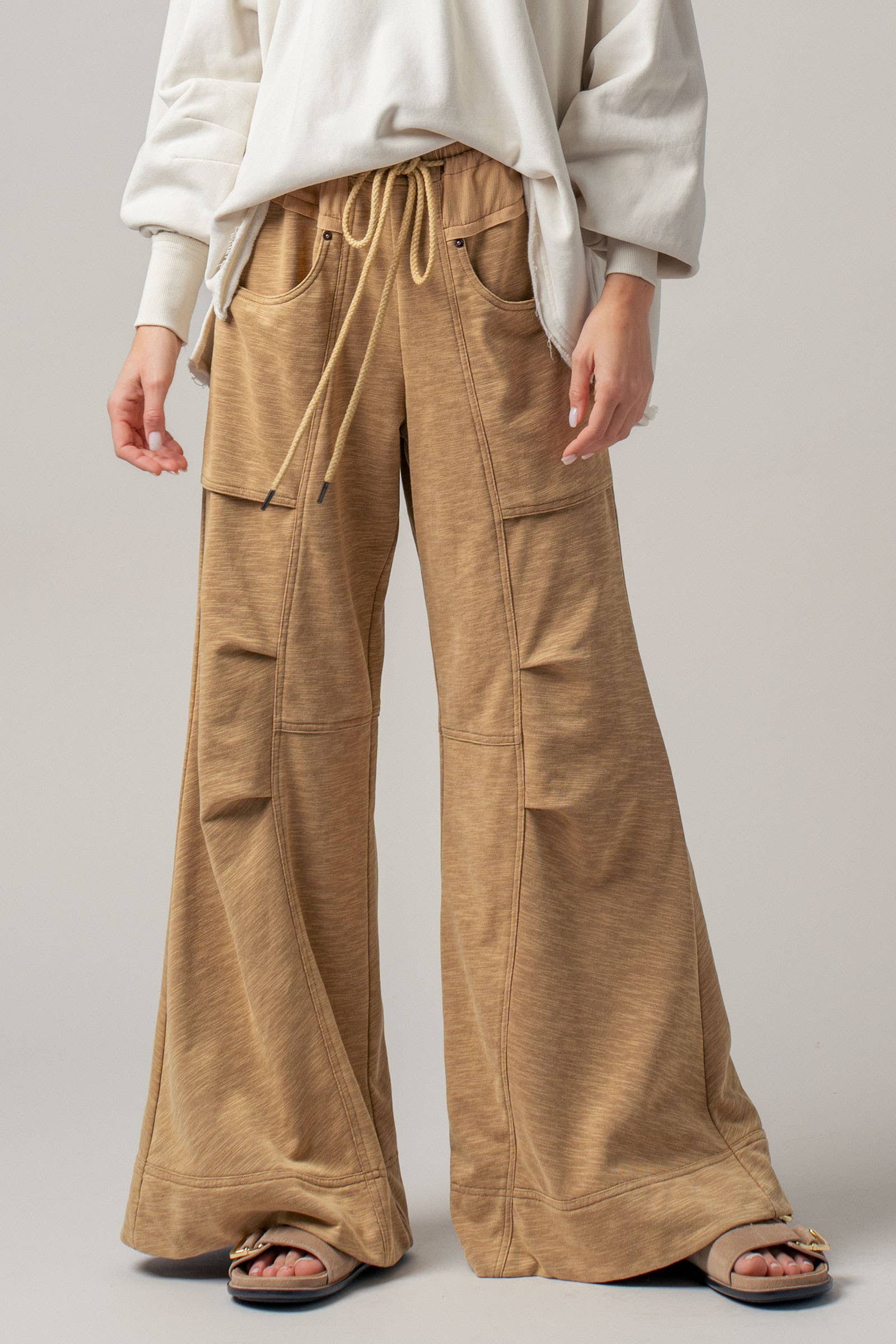 Drawstring Waist Seam Detail Wide-Leg Pants