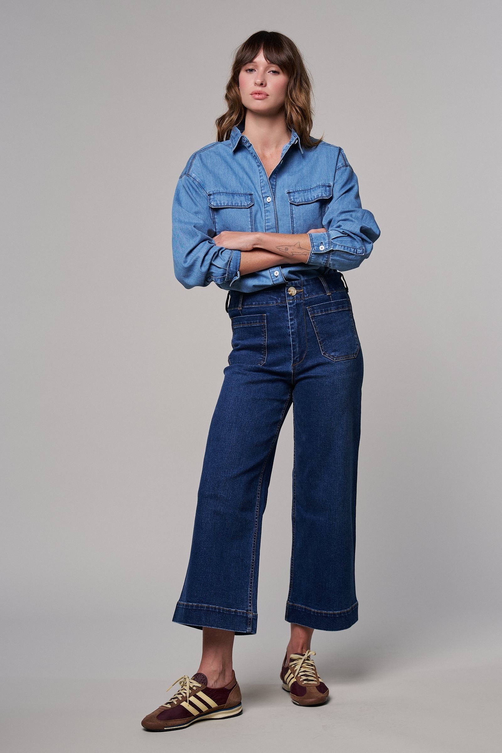 High Waist Wide Leg Denim with Patch Pockets in DENIM - Women's Casual Pants | Urban Daizy