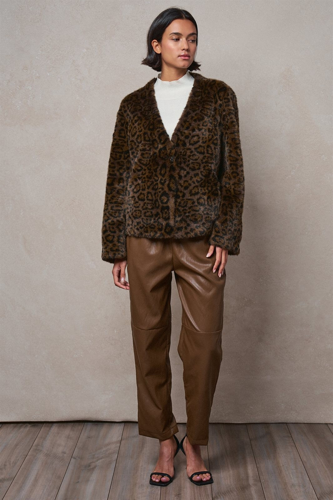 Leopard Print Faux Fur V-Neck Jacket in BROWN - Women's Jackets & Blazers | Urban Daizy