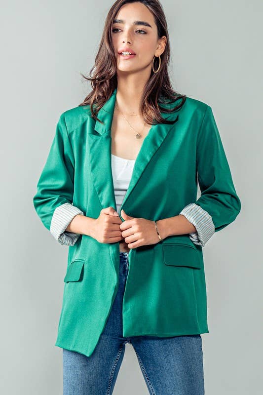 Urban Daizy Open Front Stripe Lining Long Blazer Jacket Green Blazer - Women's (UDZ-OT-00184)