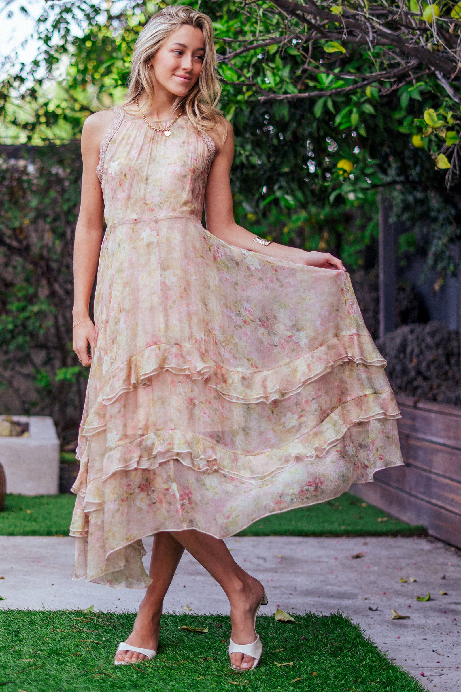 Floral Waterfall Ruffle Midi Dress Crochet Trim