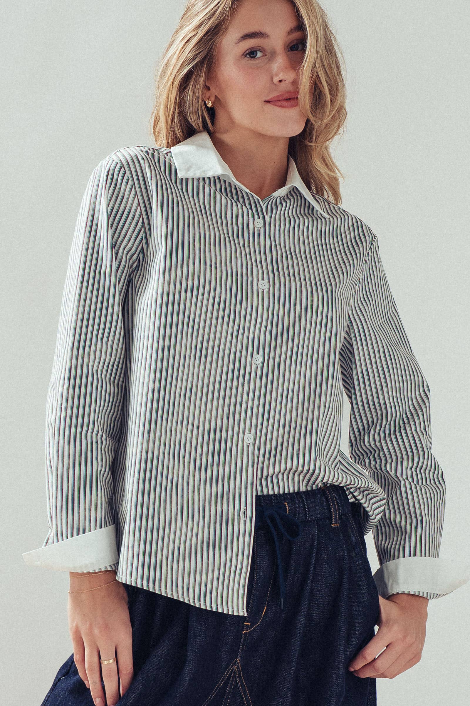 Contrast Collar Multi Stripe Button Down Shirt