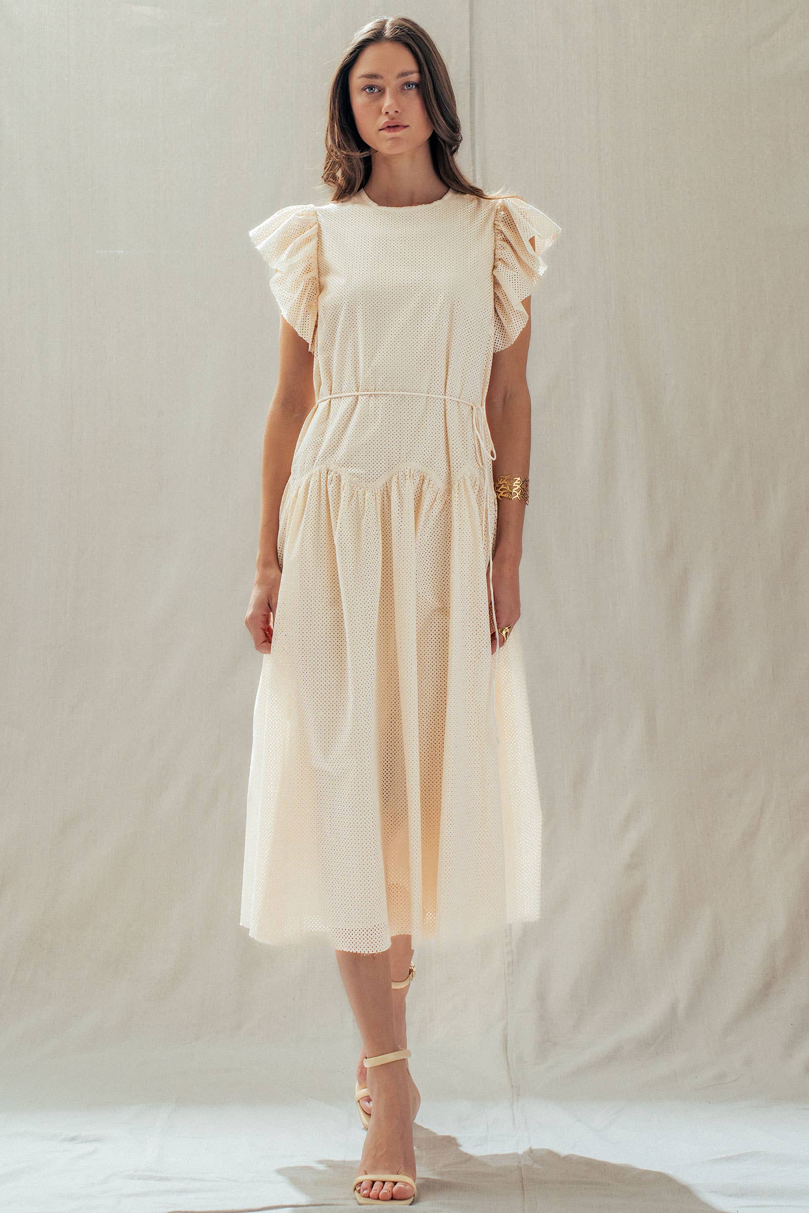 Urban Daizy Cotton Eyelet Flutter Sleeve Drop Waist Midi Dress Ivory Dress - Women's (UDDR0347)