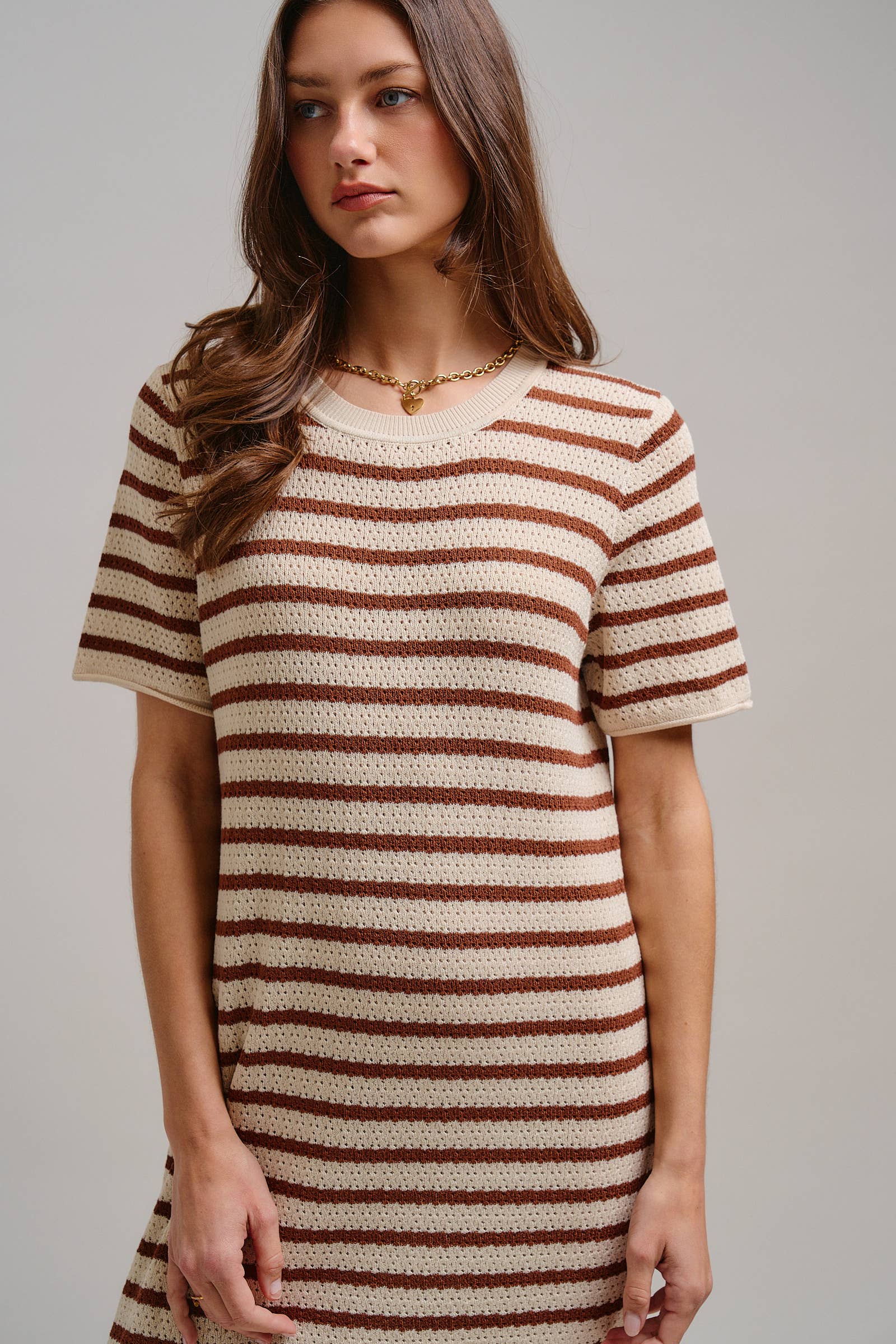 Striped Crochet Knit Short Sleeve Midi Dress