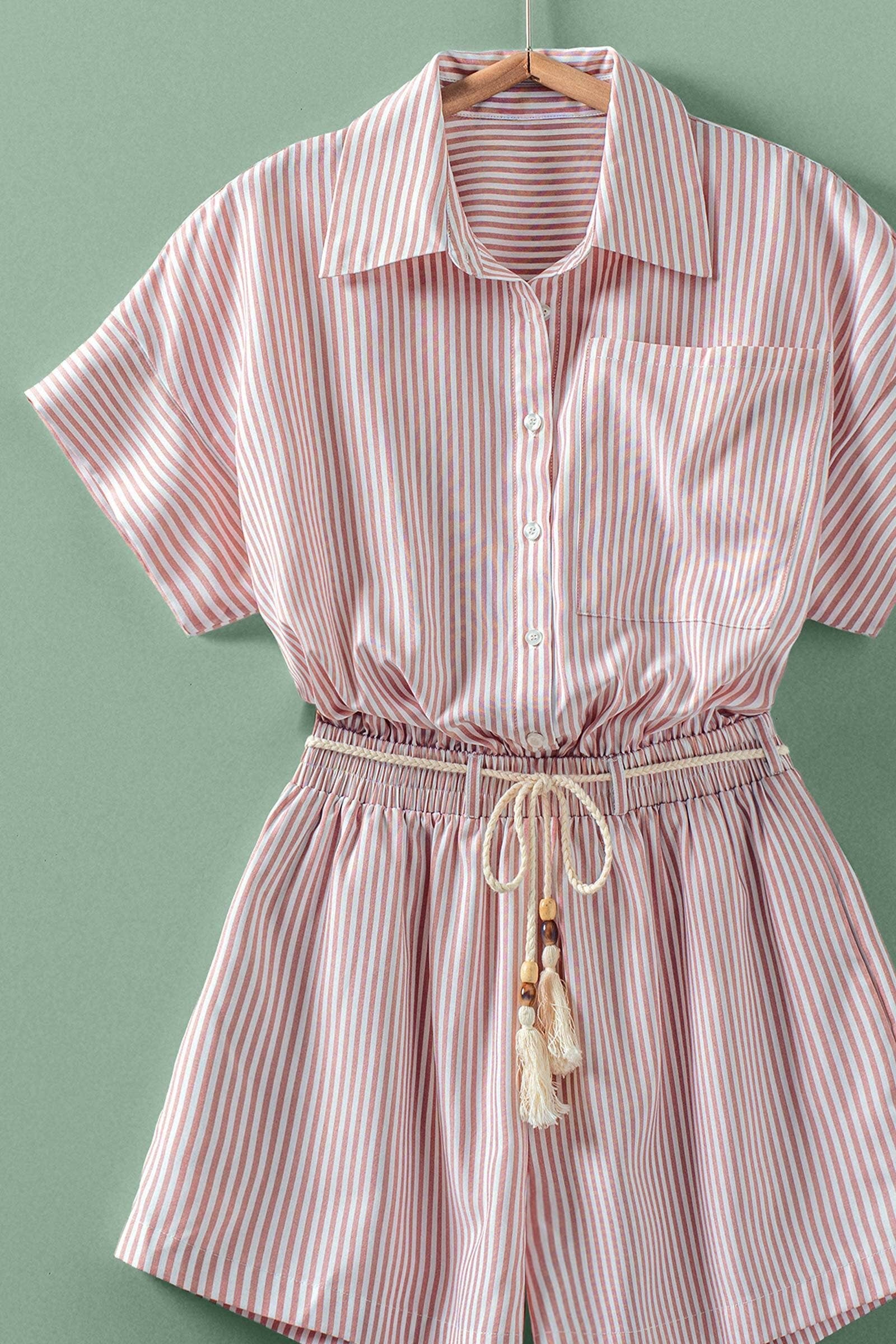 Urban Daizy Striped Tassel-Belt Collared Romper Pink Romper - Women's (UDZ-JR-00069) – alternate view 8