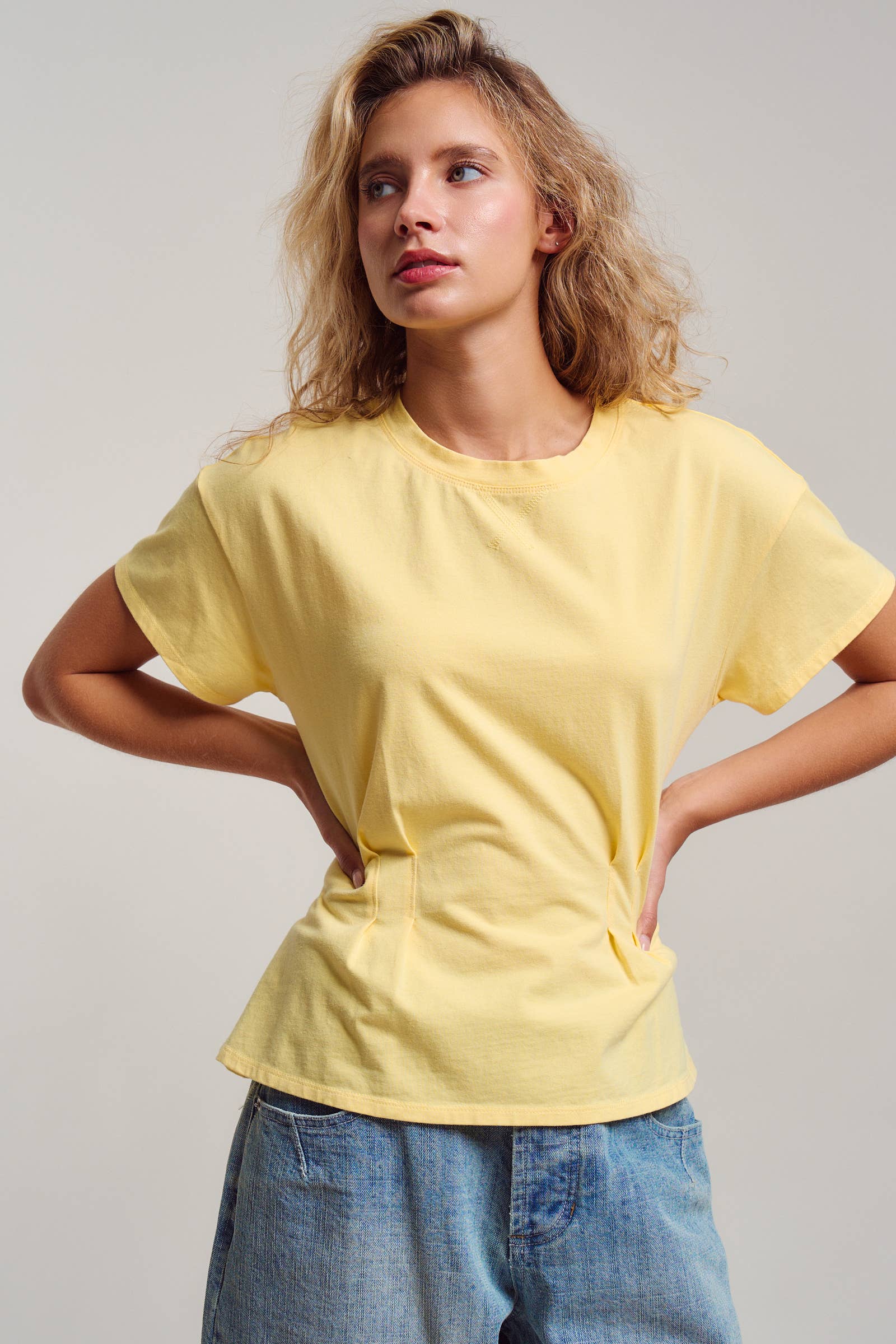 Urban Daizy Pleated Waist Cotton Spandex Everyday Tee Butter-Yellow T-Shirt - Women's (UDTP1324-Butter-Yellow) – alternate view 10