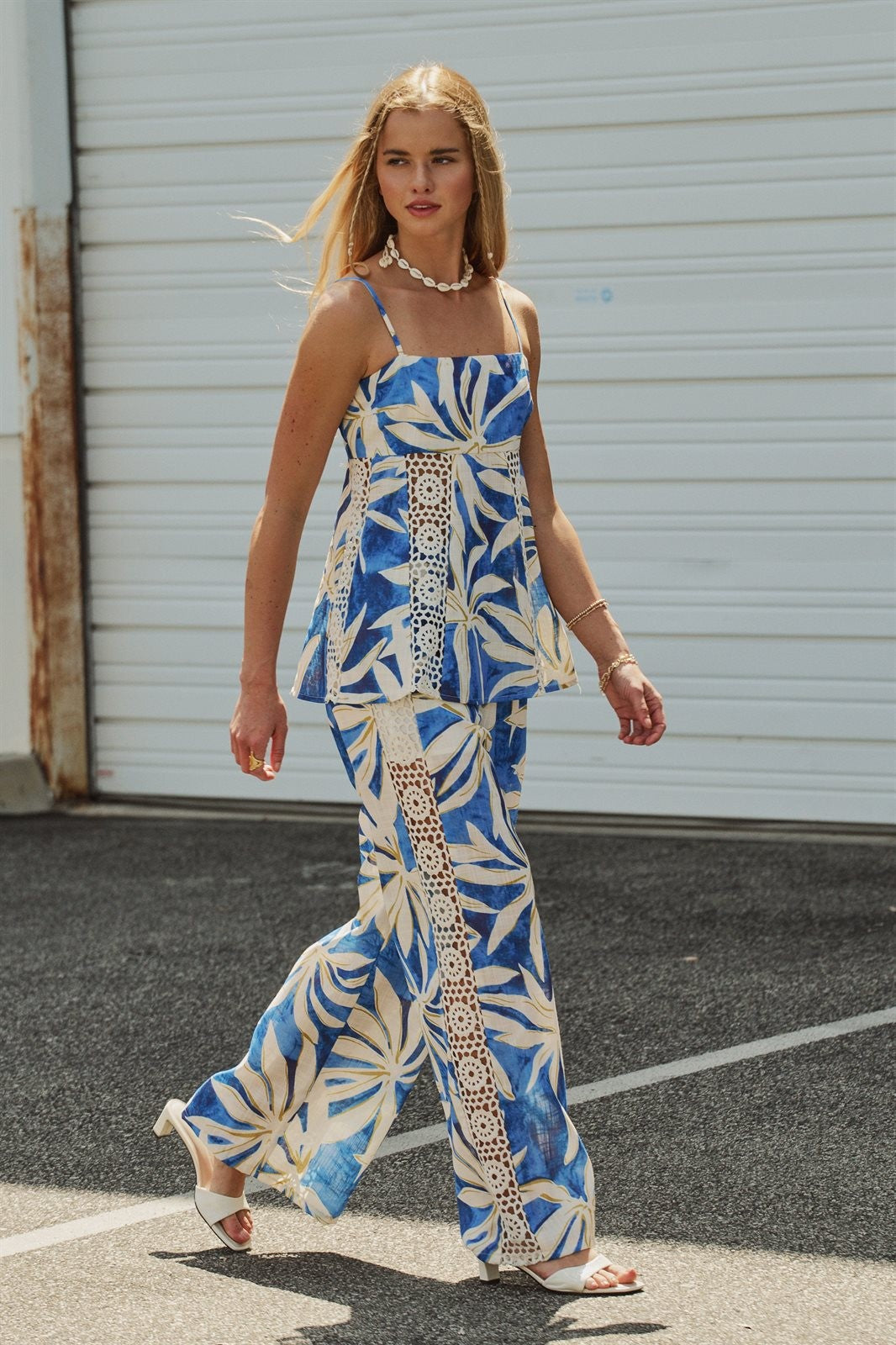 Satin Wide-Leg Pants Set with Crop Top in BLUE IVORY - Women's Pants Sets | Urban Daizy