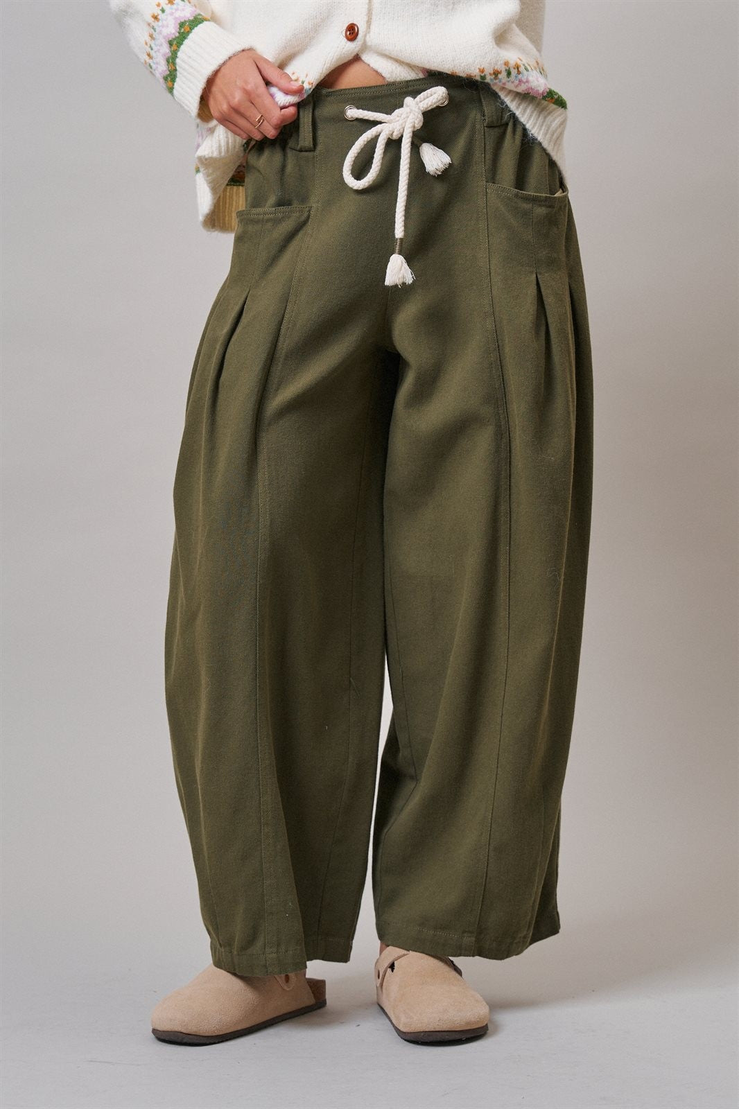 Pleated Wide-Leg Barrel Pant with Drawstring in OLIVE - Women's Casual Pants | Urban Daizy