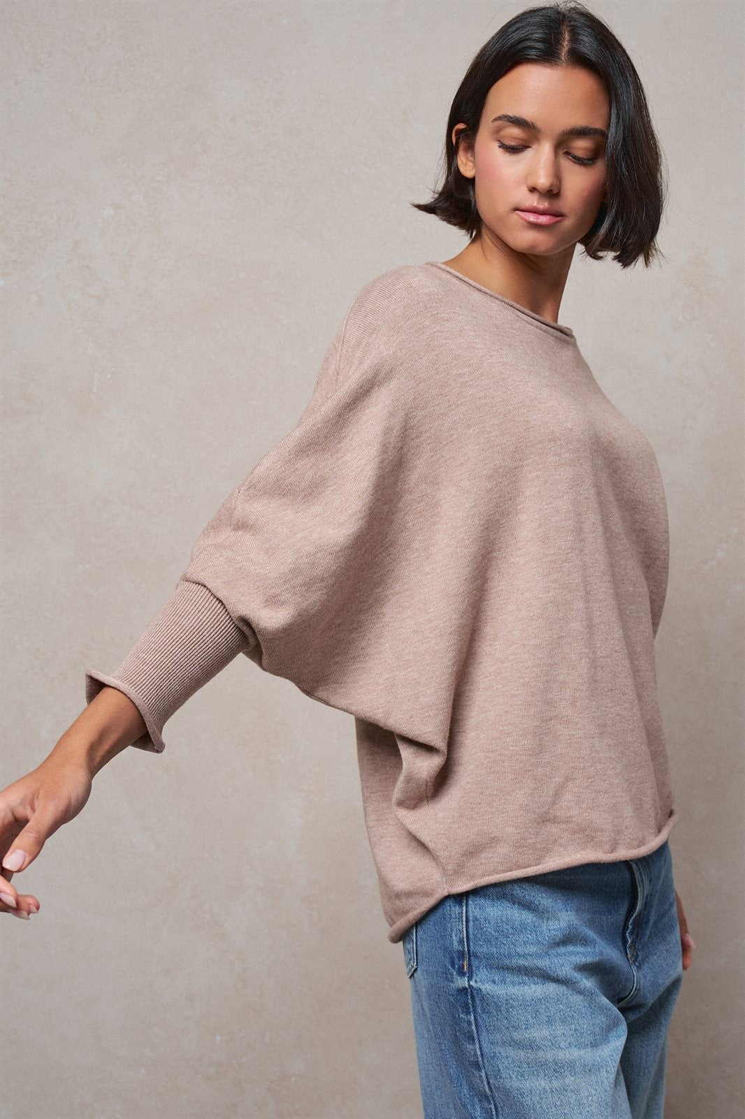 Dolman Sleeve Knit Top Boat Neck Boho Slouchy Sweater in MOCHA - Women's Sweaters | Urban Daizy