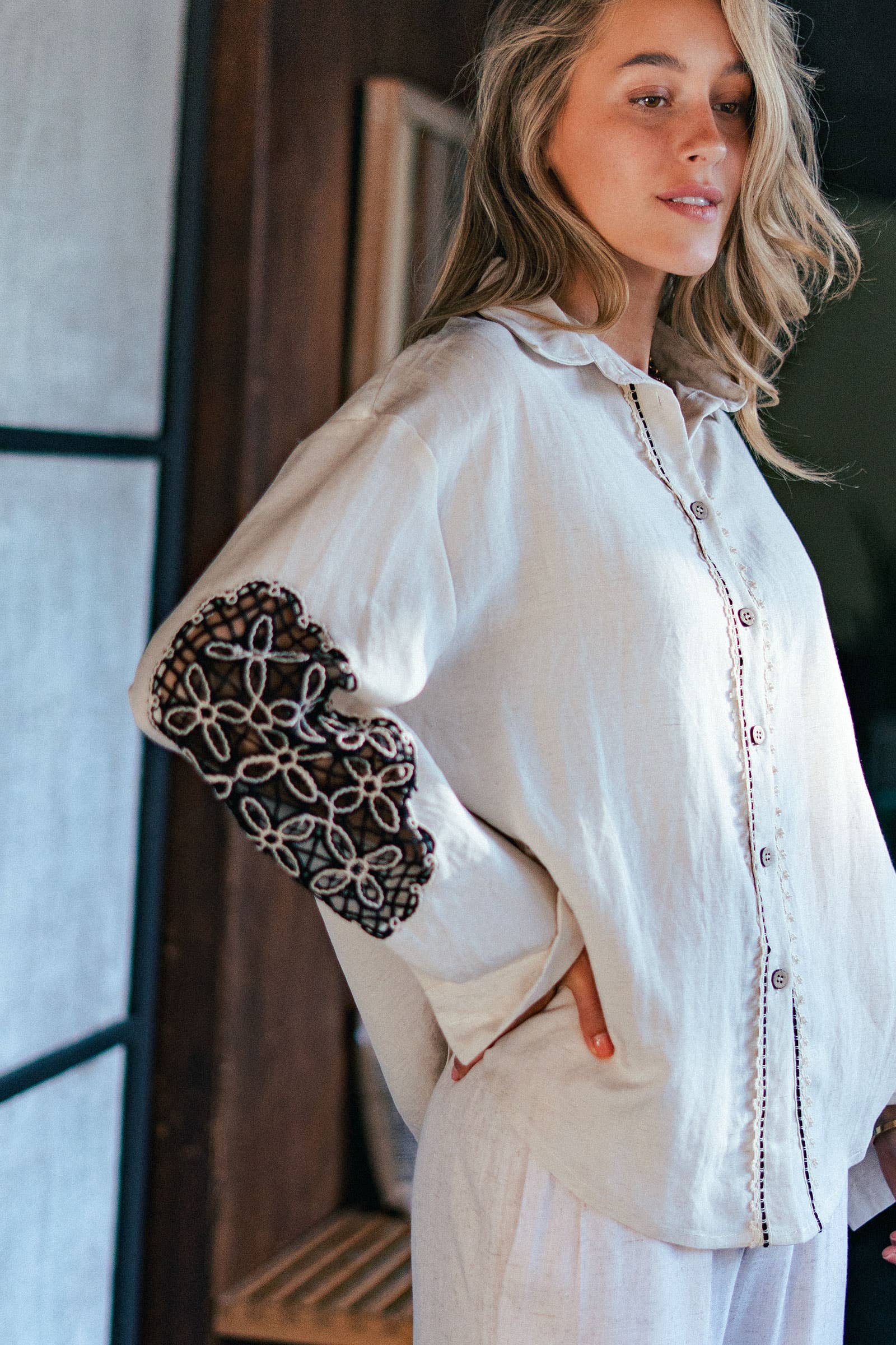 Contrast Crochet Insert Button-Down Shirt