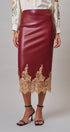 Faux Leather Lace Trim Midi Pencil Skirt in BURGUNDY - Women's Midi Skirts | Urban Daizy