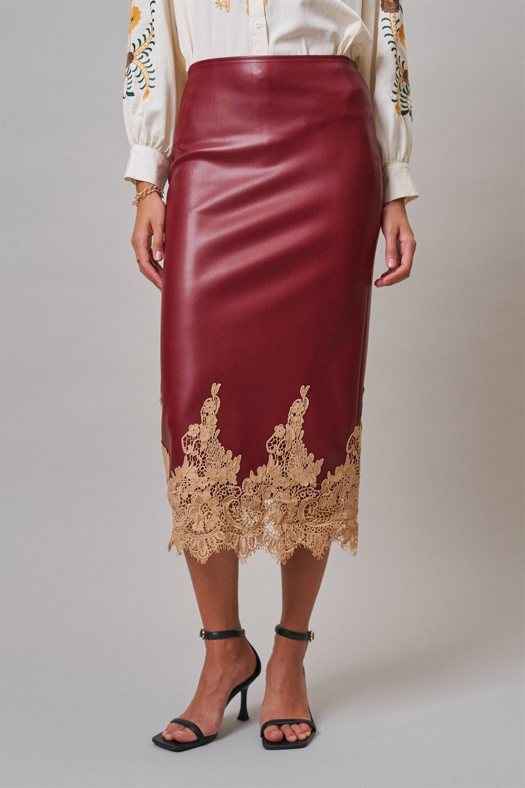 Faux Leather Lace Trim Midi Pencil Skirt in BURGUNDY - Women's Midi Skirts | Urban Daizy