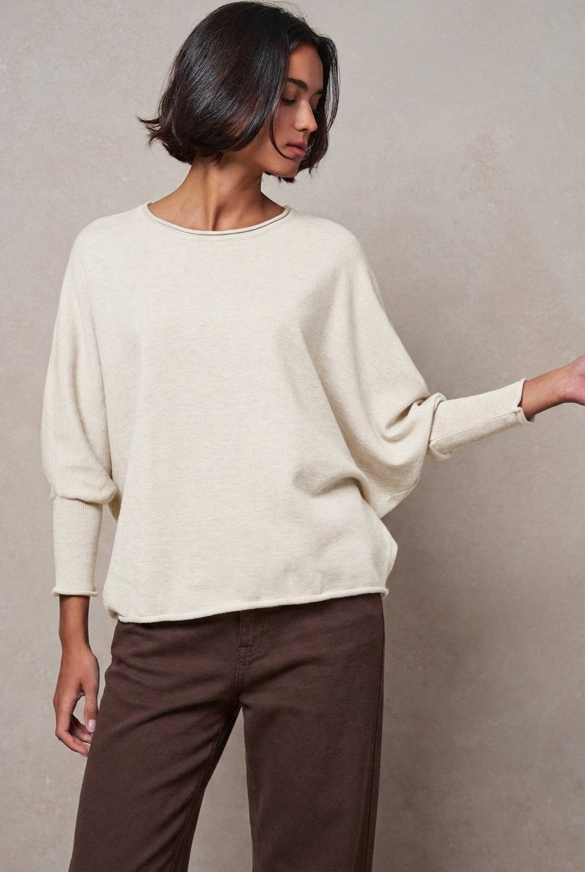 Dolman Sleeve Knit Top Boat Neck Boho Slouchy Sweater in IVORY - Women's Sweaters | Urban Daizy