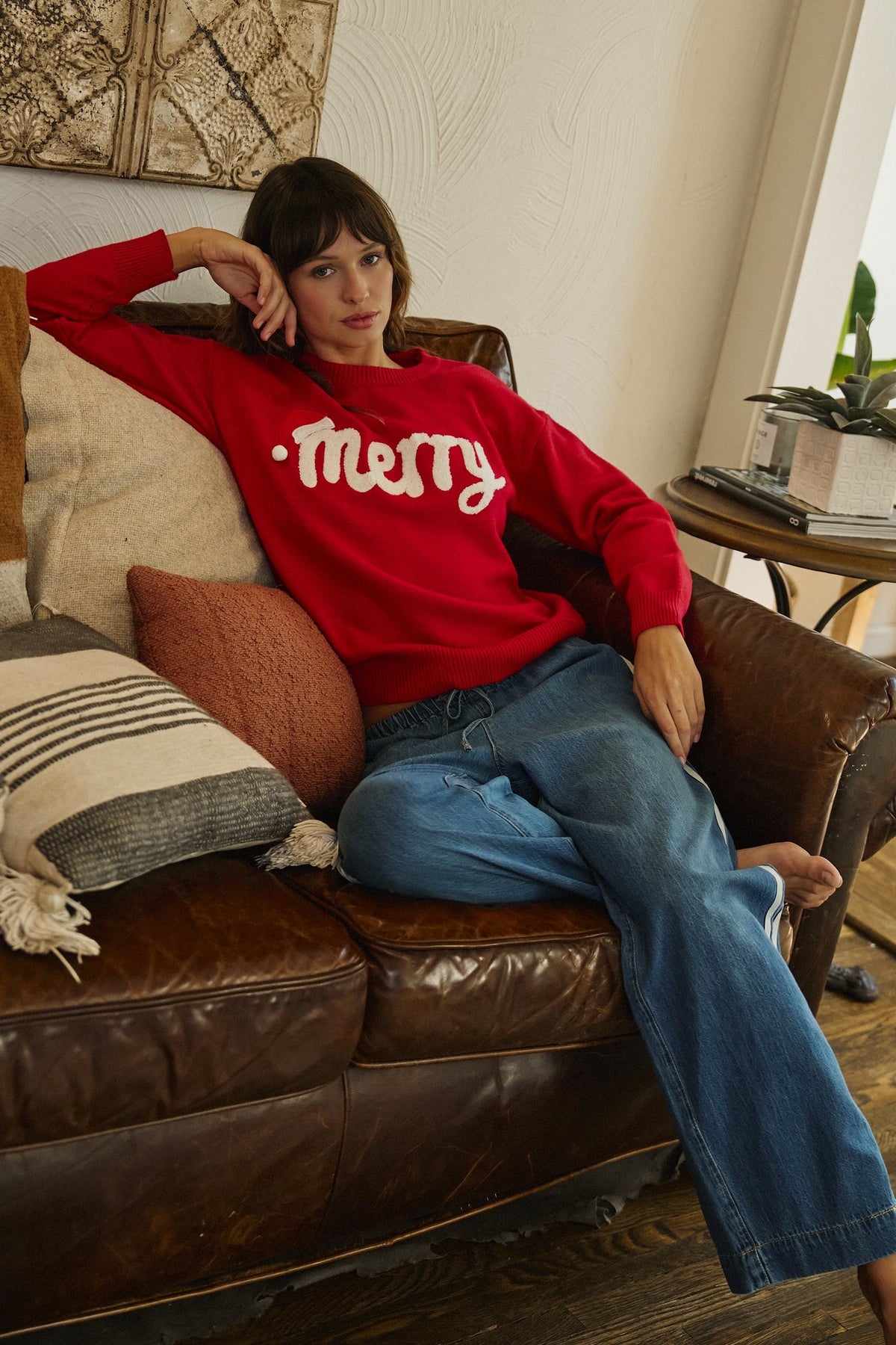 Jolly Script Embroidered Sweater in RED - Women's Sweaters | Urban Daizy