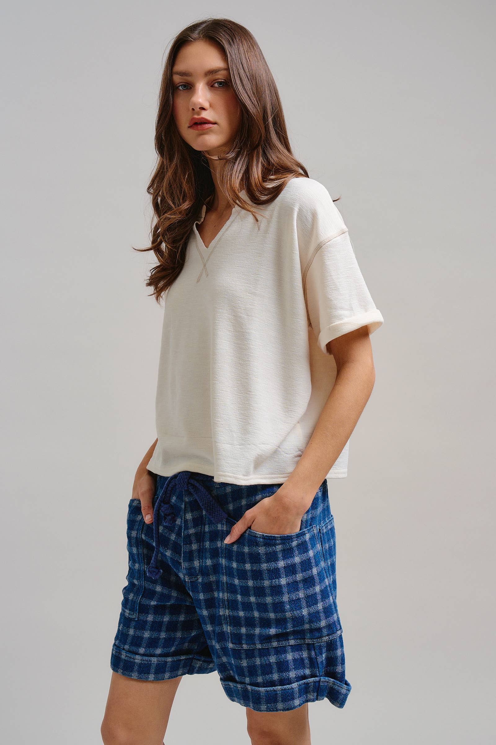 Plaid Cotton Blend Shorts Rope Drawstring