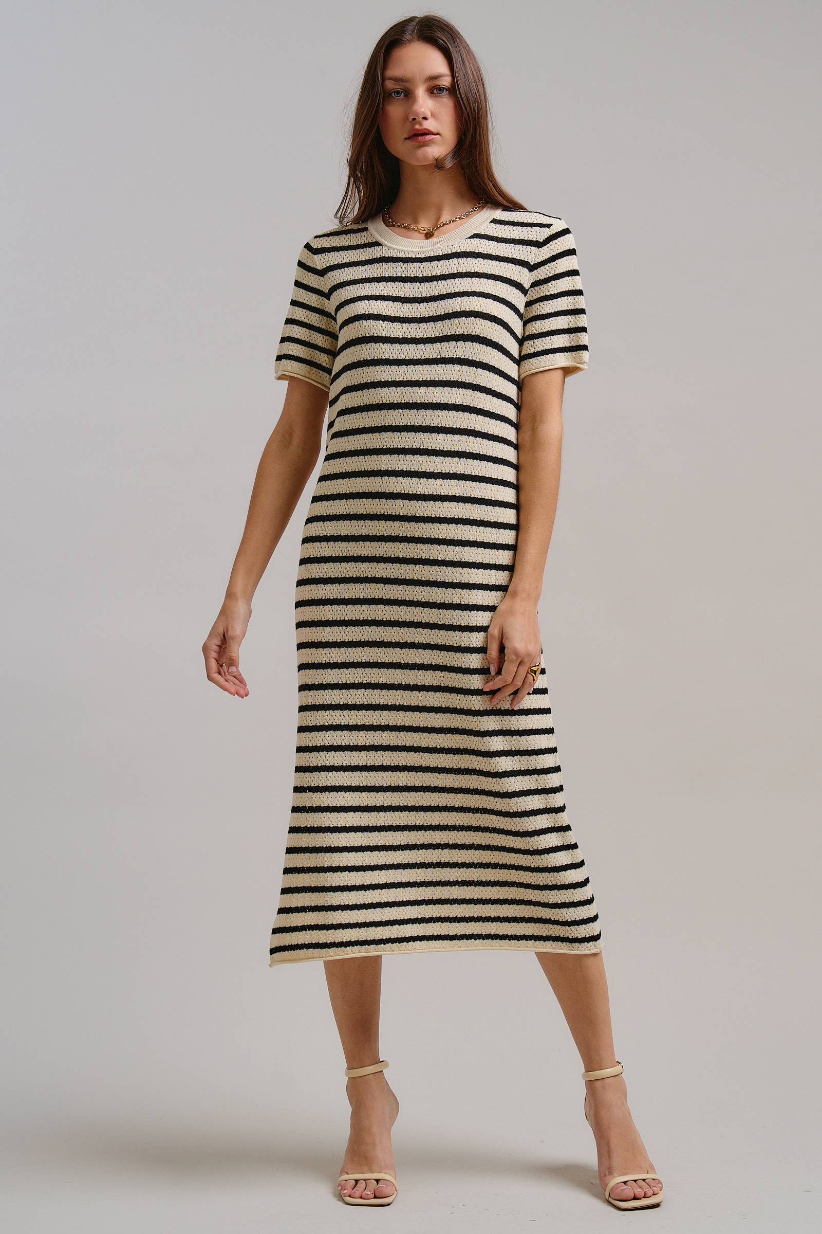 Striped Crochet Knit Short Sleeve Midi Dress