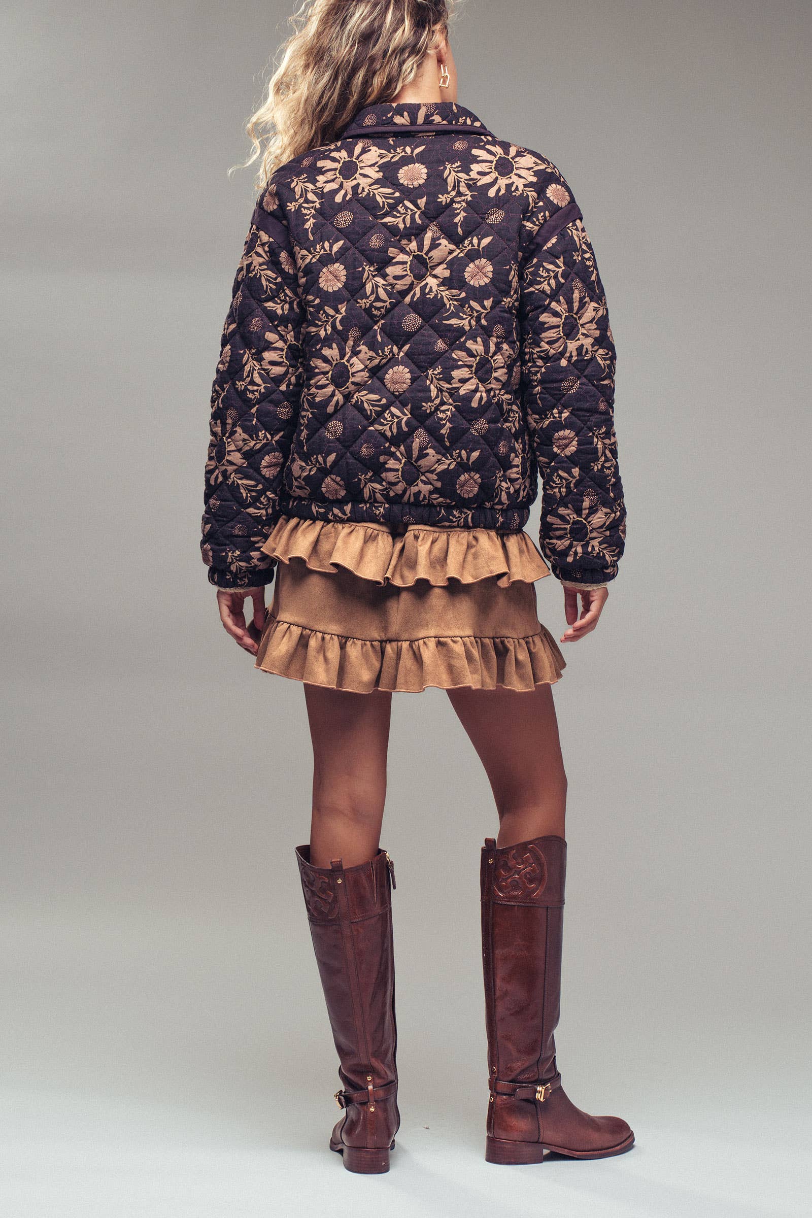 Quilted Floral Shawl Collar Jacket