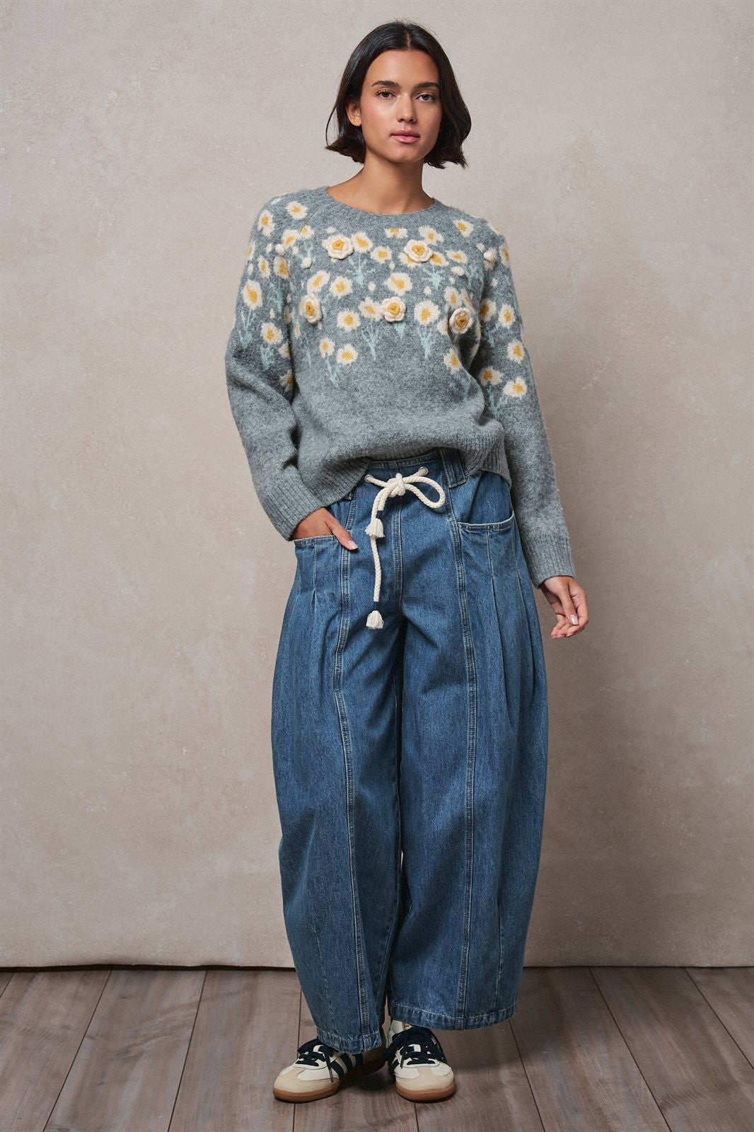 Embossed Floral Knit Sweater in GREY - Women's Sweaters | Urban Daizy