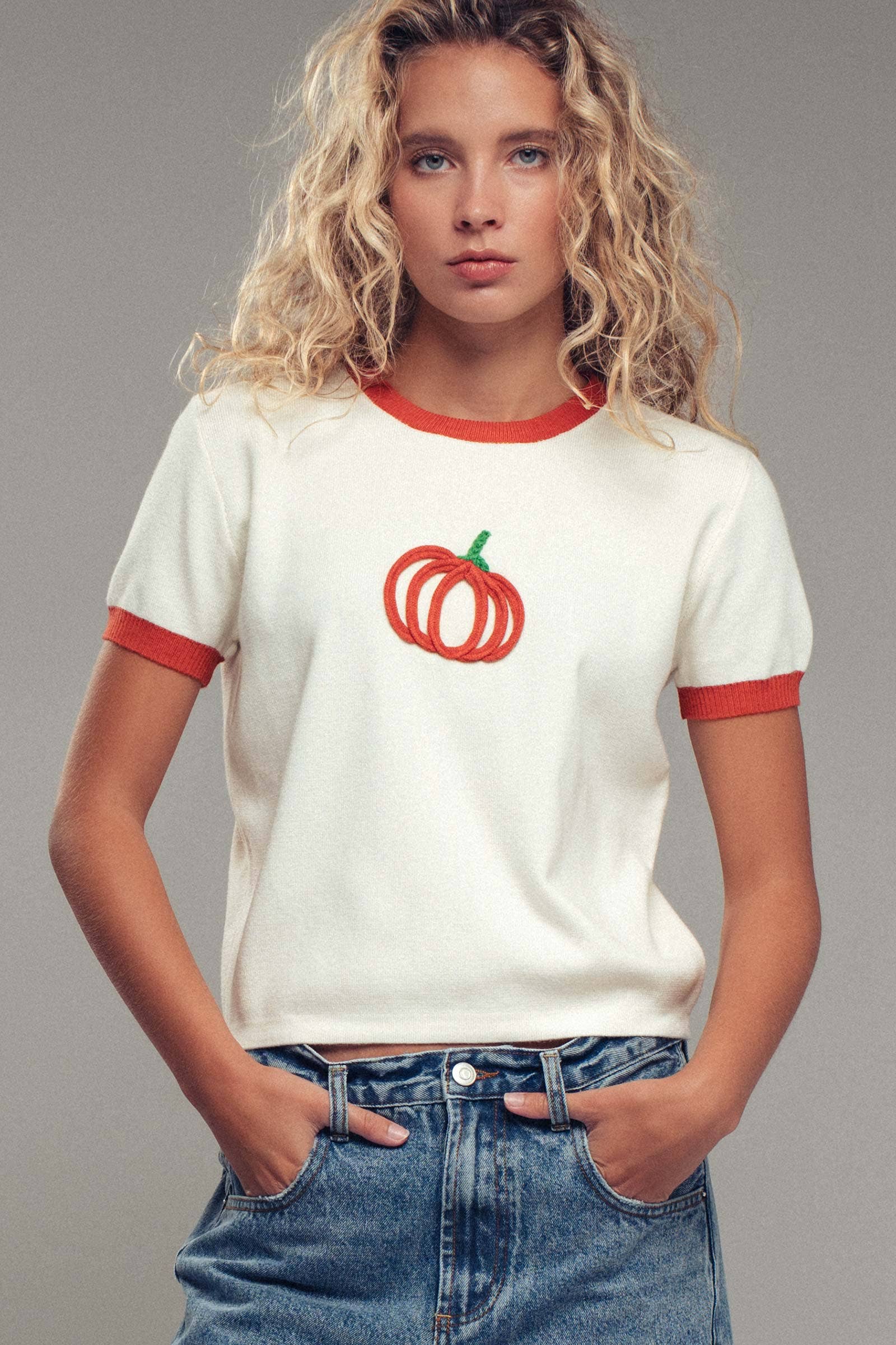 Pumpkin Embroidered Knit Tee Top