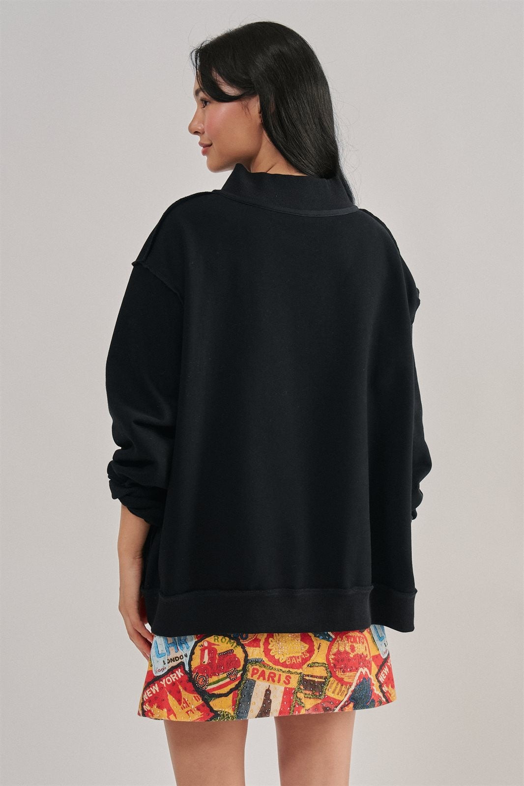 LOVED Varsity Patch Mock Neck Sweatshirt with Exposed Seams in BLACK - Women's Sweatshirts & Hoodies | Urban Daizy