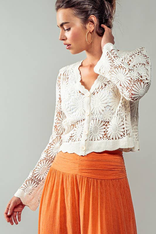 Urban Daizy Romantic Floral Crochet Button Down Spring Cropped Cardigan Natural Cardigan - Women's (UDZ-KN-00331) –…