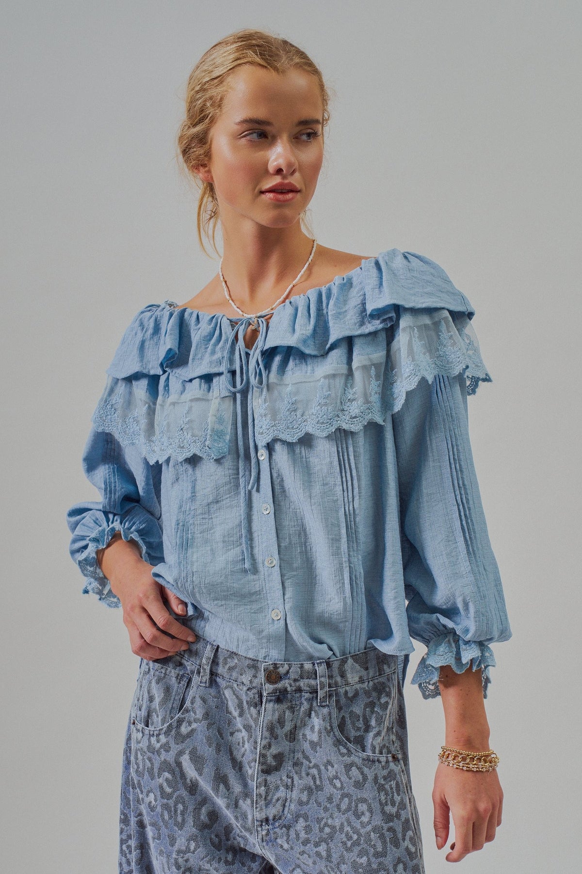 Lace Trim Ruffle Tie Neck Spring Blouse Top
