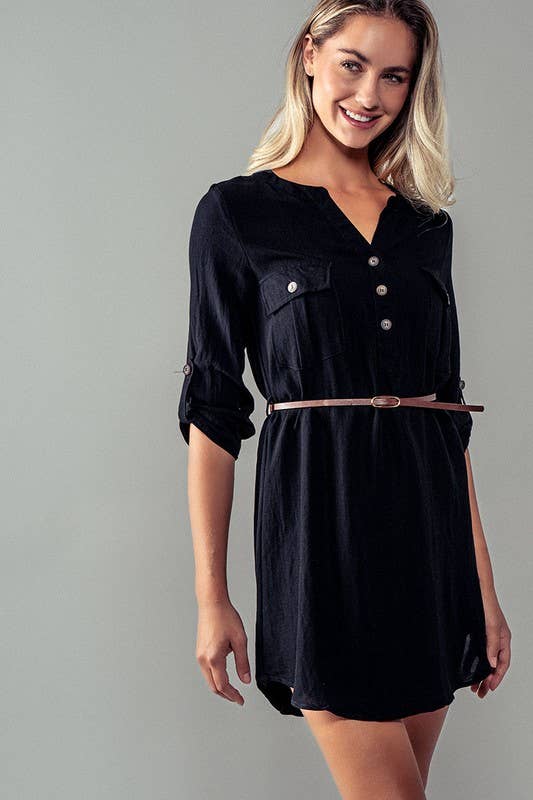 Utility Pocket Belted Henley Mini Dress