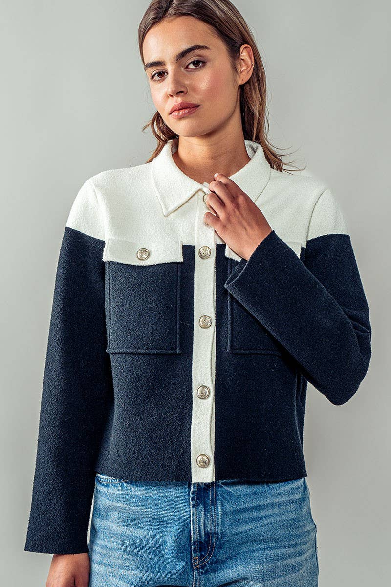 Urban Daizy Colorblock Button-Up Cropped Coat Cream-Black Coat - Women's (UDZ-OT-00349)