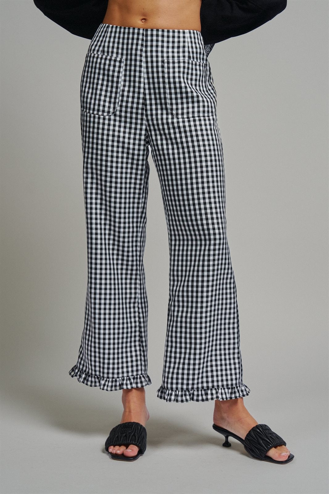 Gingham Ruffle Hem Cropped Wide Leg Pants in Brown in BLACK - Women's Casual Pants | Urban Daizy