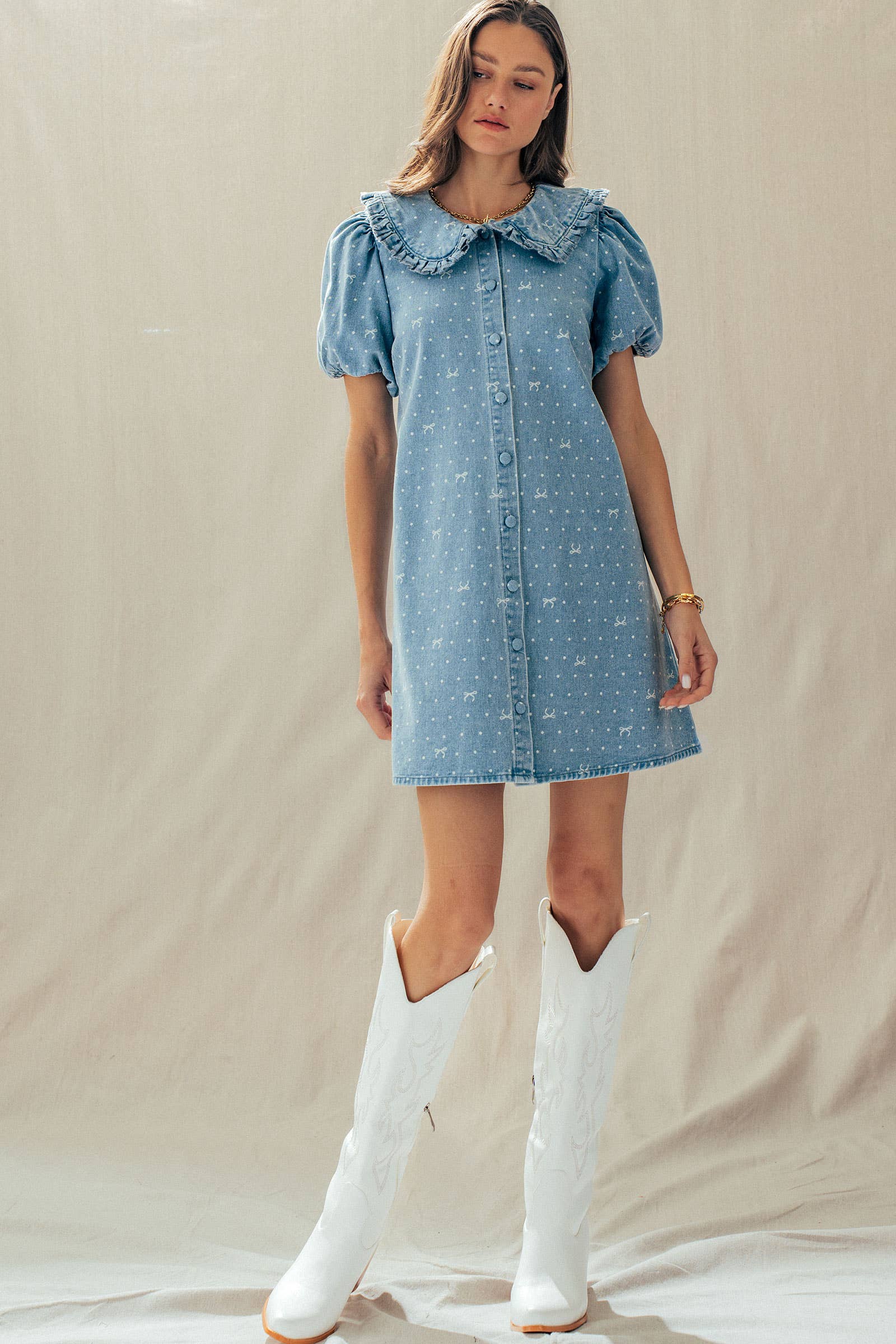 Bow Print Denim Mini Dress Ruffle Collar