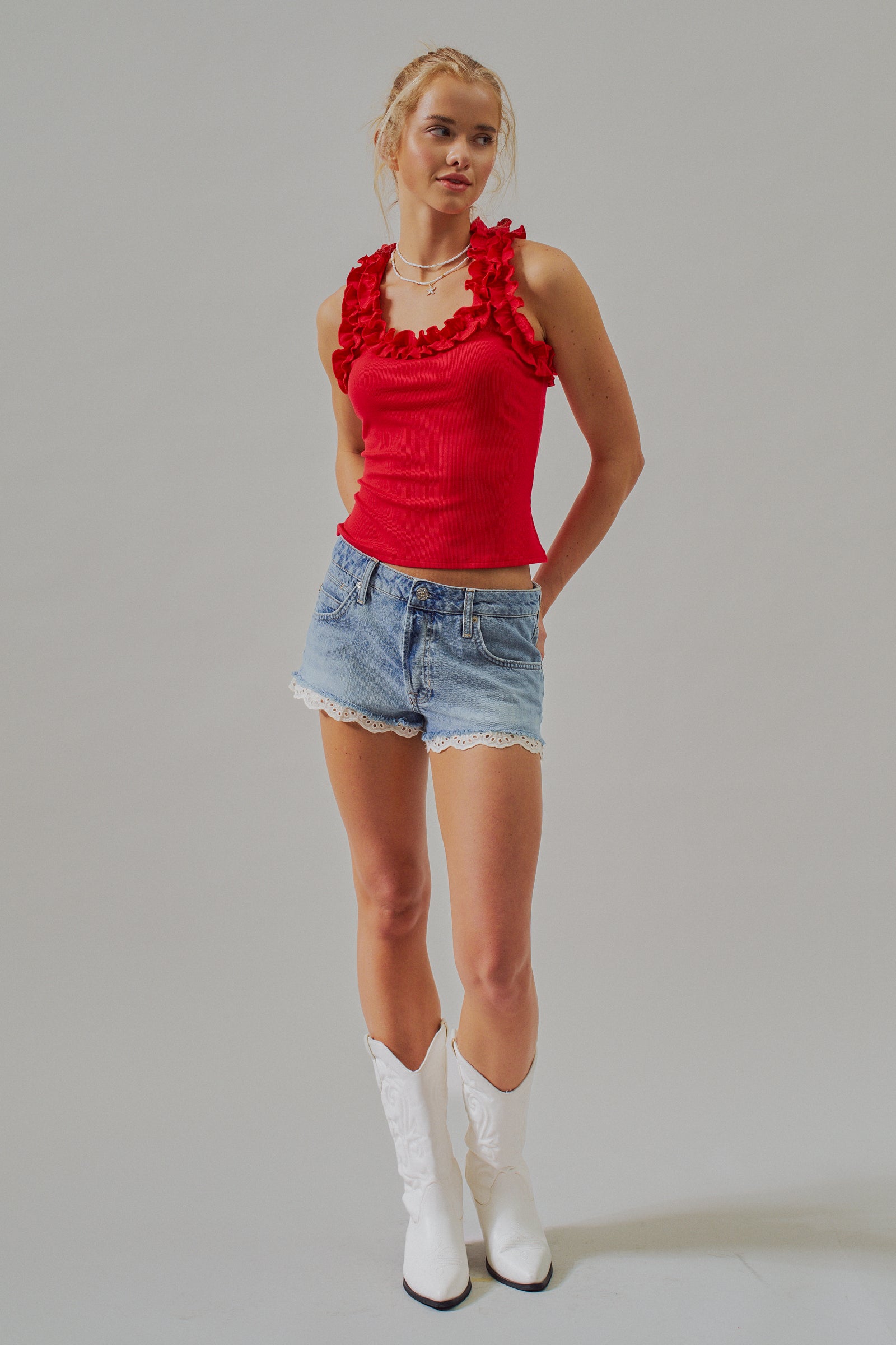 Ruffle Trim Ribbed Rayon Racerback Tank Top
