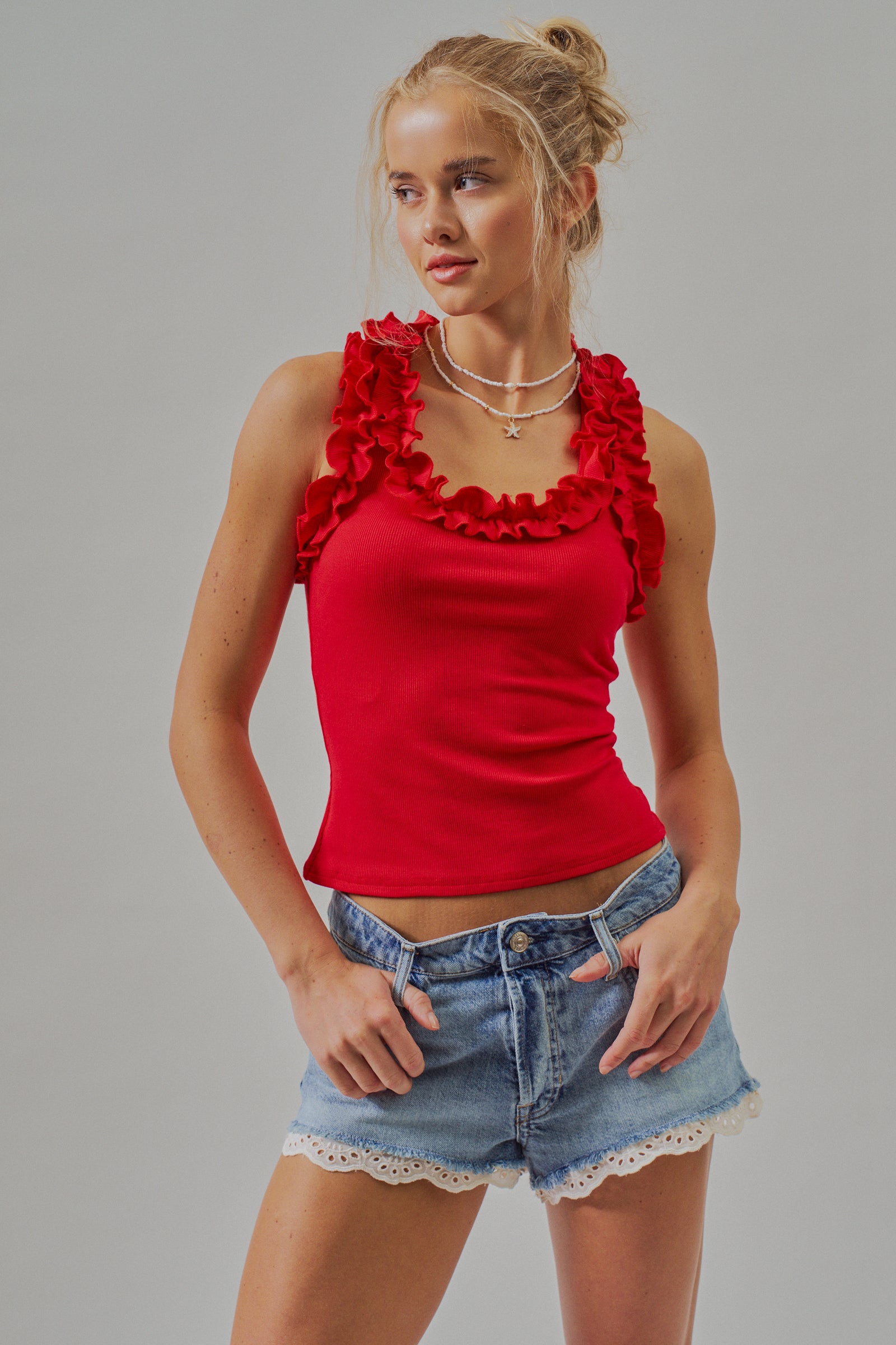 Ruffle Trim Ribbed Rayon Racerback Tank Top