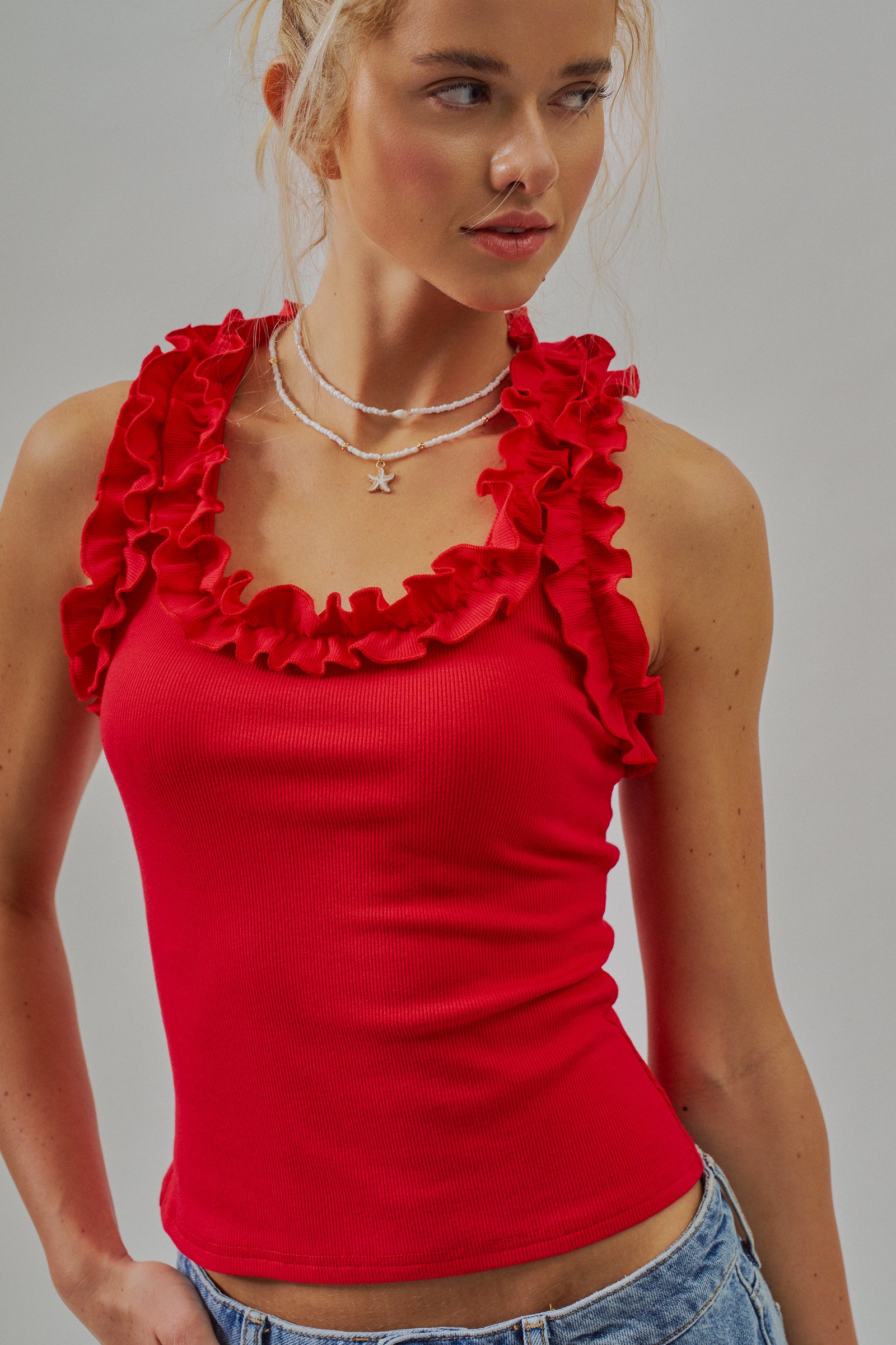 Ruffle Trim Ribbed Rayon Racerback Tank Top