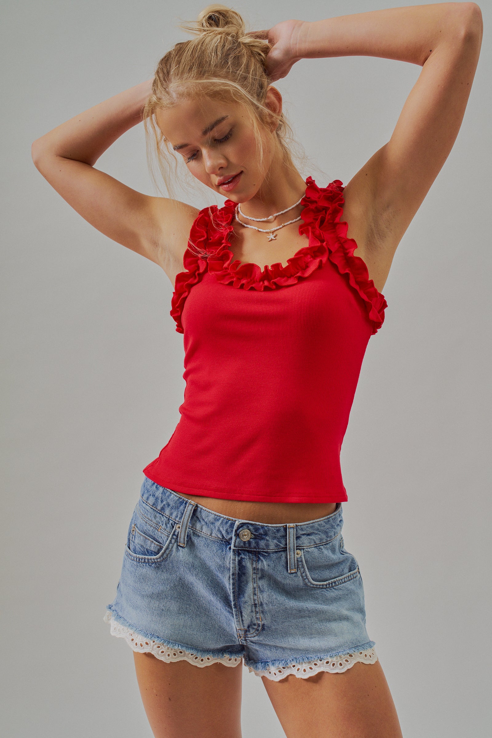 Ruffle Trim Ribbed Rayon Racerback Tank Top