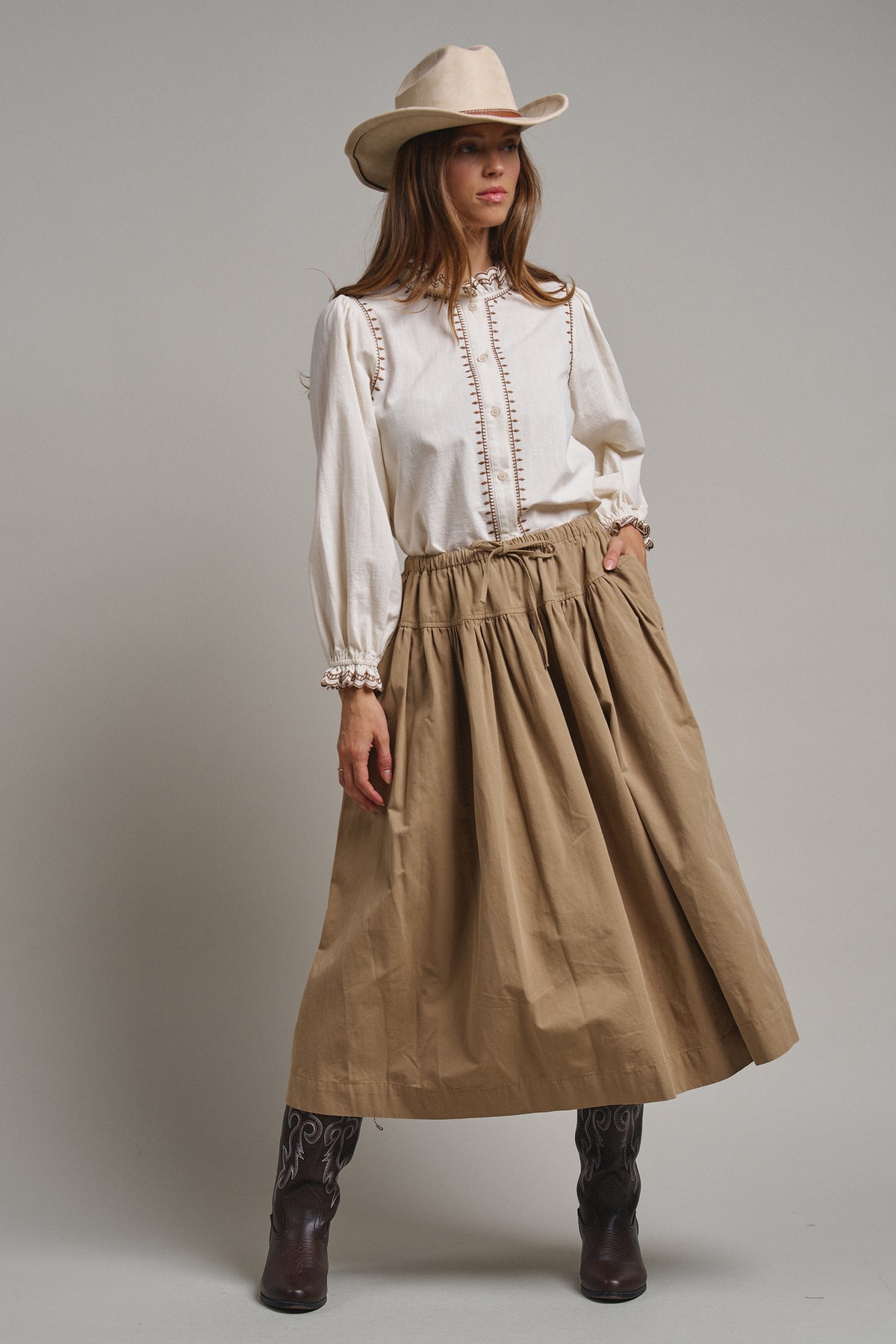 Embroidered Ruffle Neck Cotton Blouse