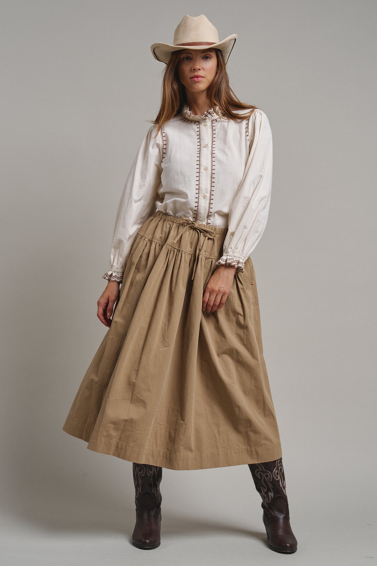 Embroidered Ruffle Neck Cotton Blouse