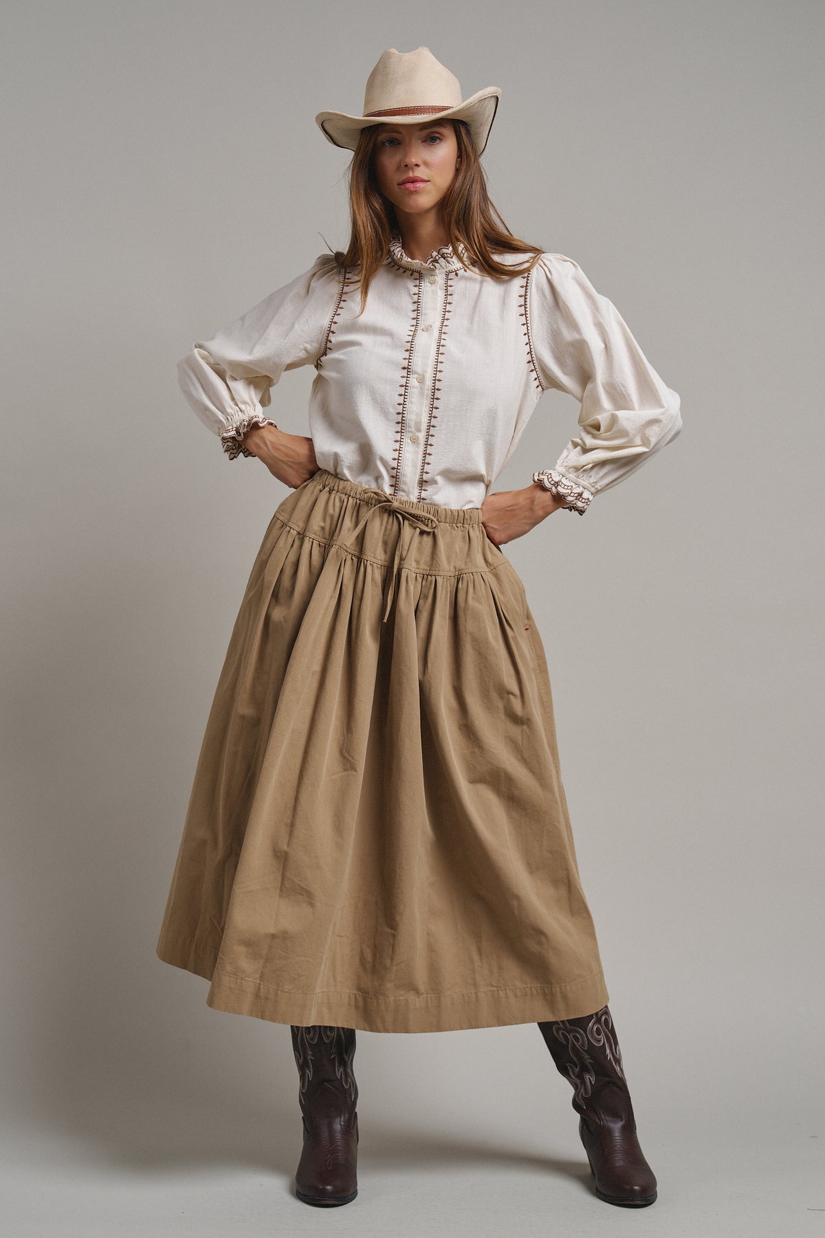 Embroidered Ruffle Neck Cotton Blouse