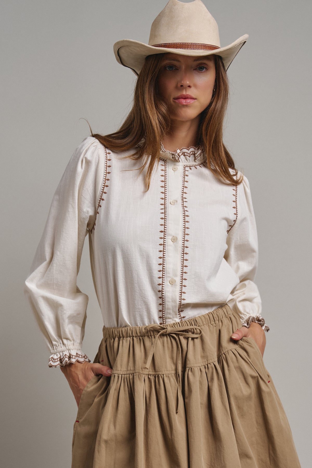 Embroidered Ruffle Neck Cotton Blouse