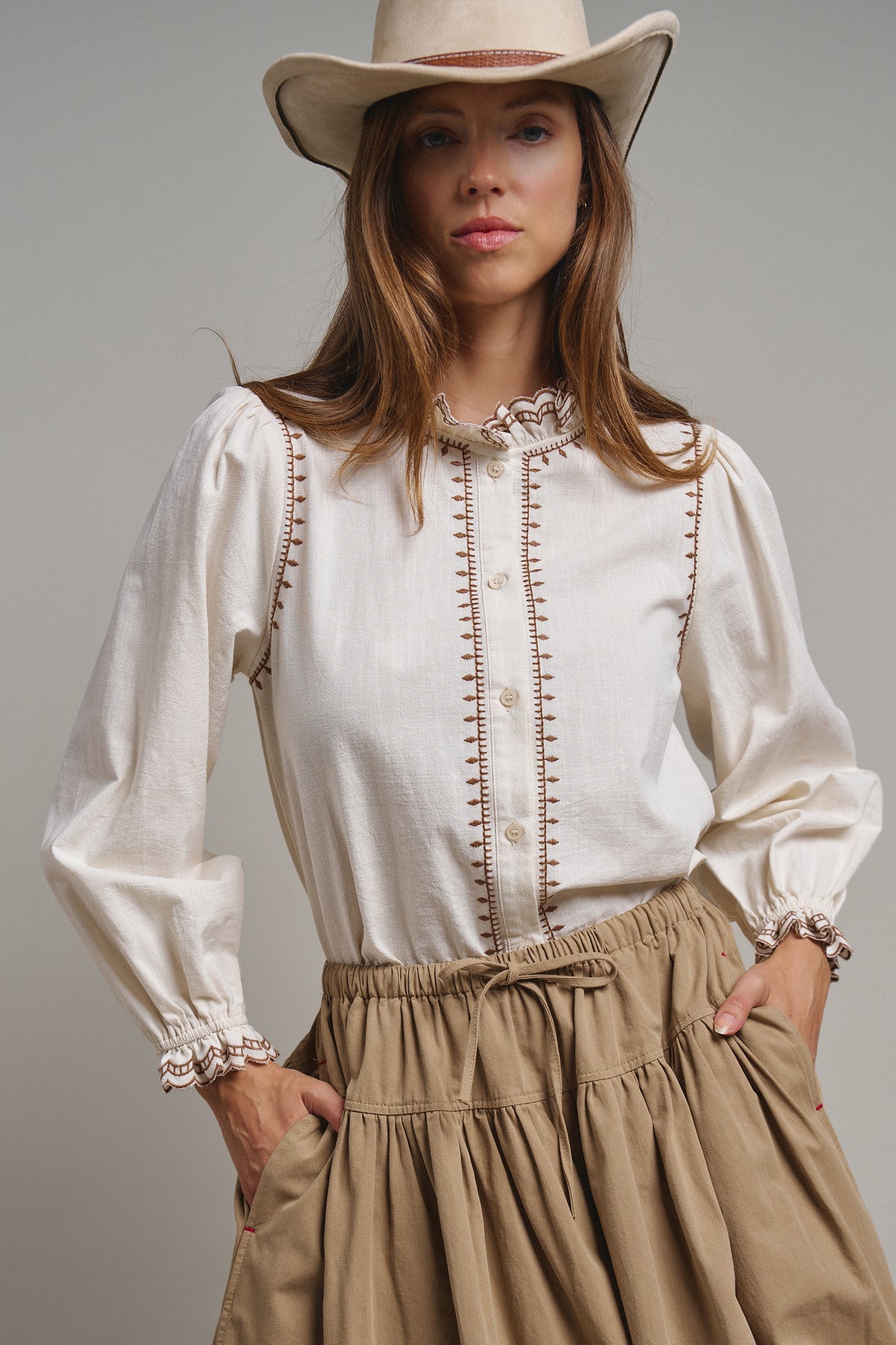 Embroidered Ruffle Neck Cotton Blouse
