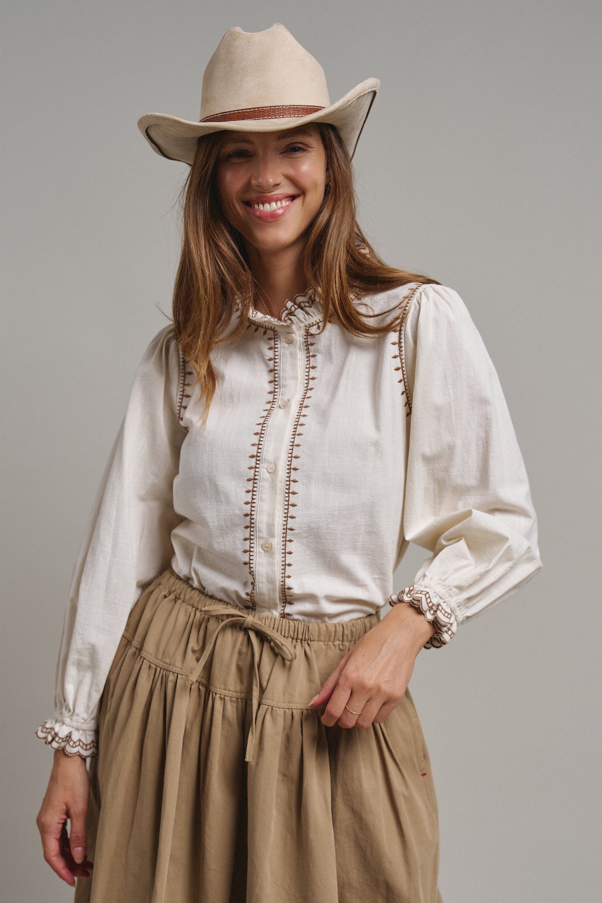 Embroidered Ruffle Neck Cotton Blouse