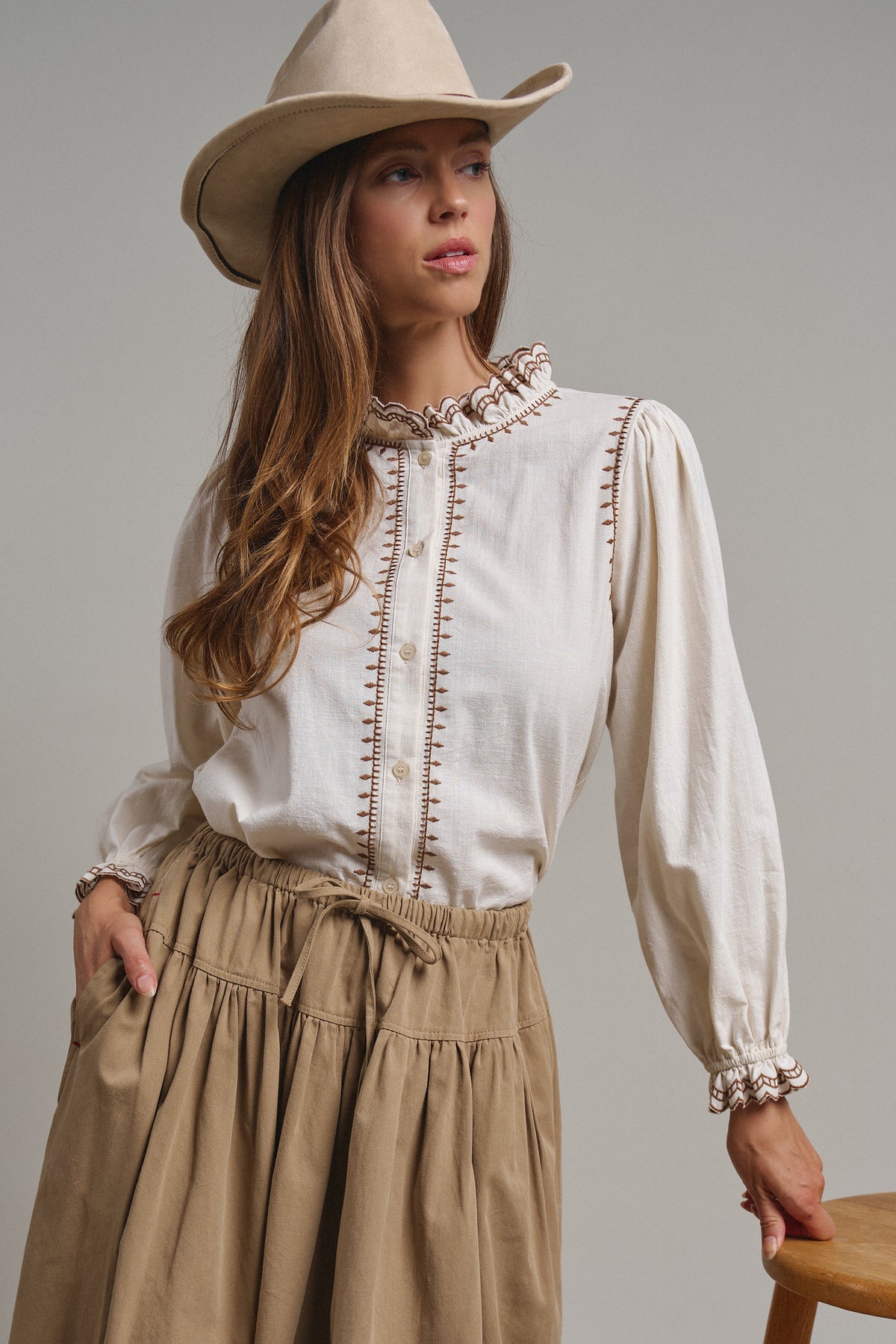 Embroidered Ruffle Neck Cotton Blouse