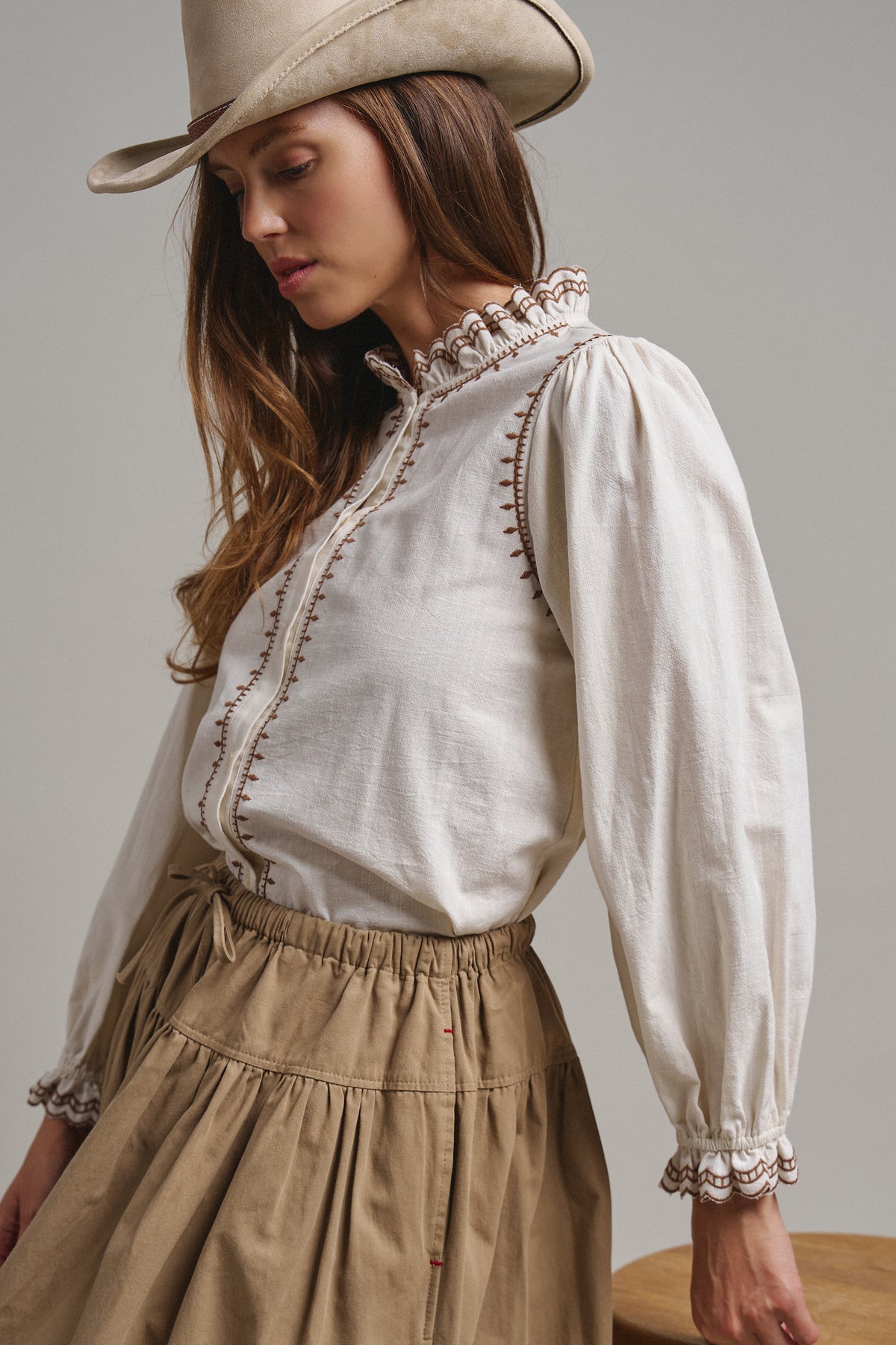 Embroidered Ruffle Neck Cotton Blouse