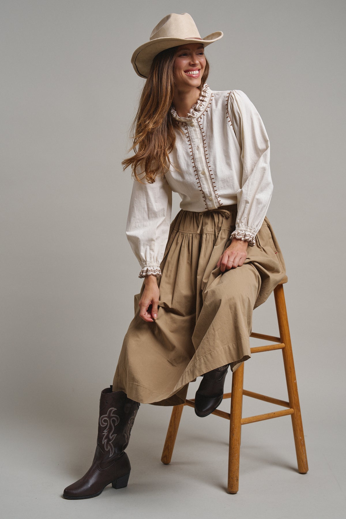 Embroidered Ruffle Neck Cotton Blouse