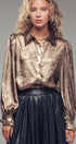 Metallic Shimmer Button Down Blouse with Puff Sleeves in GOLD - Women's Shirts & Blouses | Urban Daizy
