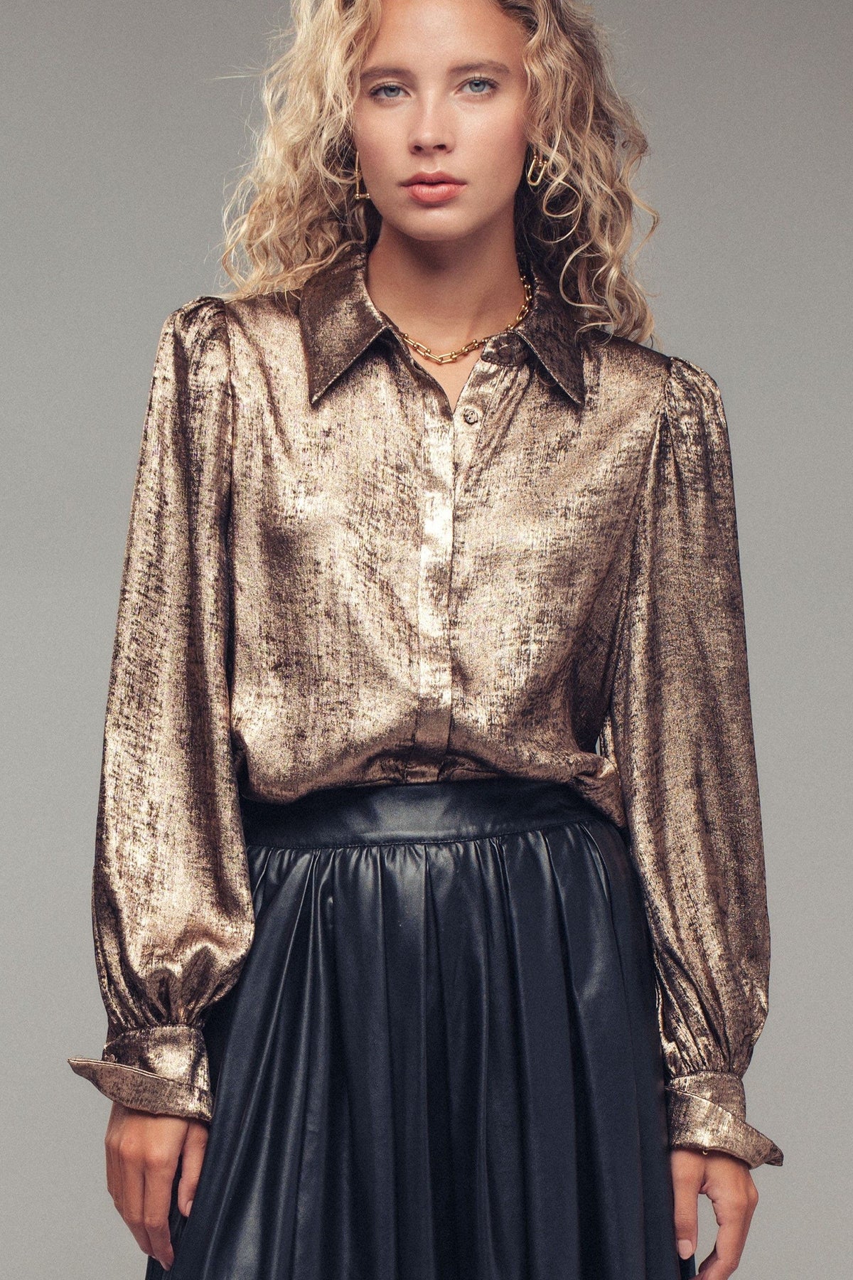 Metallic Shimmer Button Down Blouse with Puff Sleeves in GOLD - Women's Shirts & Blouses | Urban Daizy