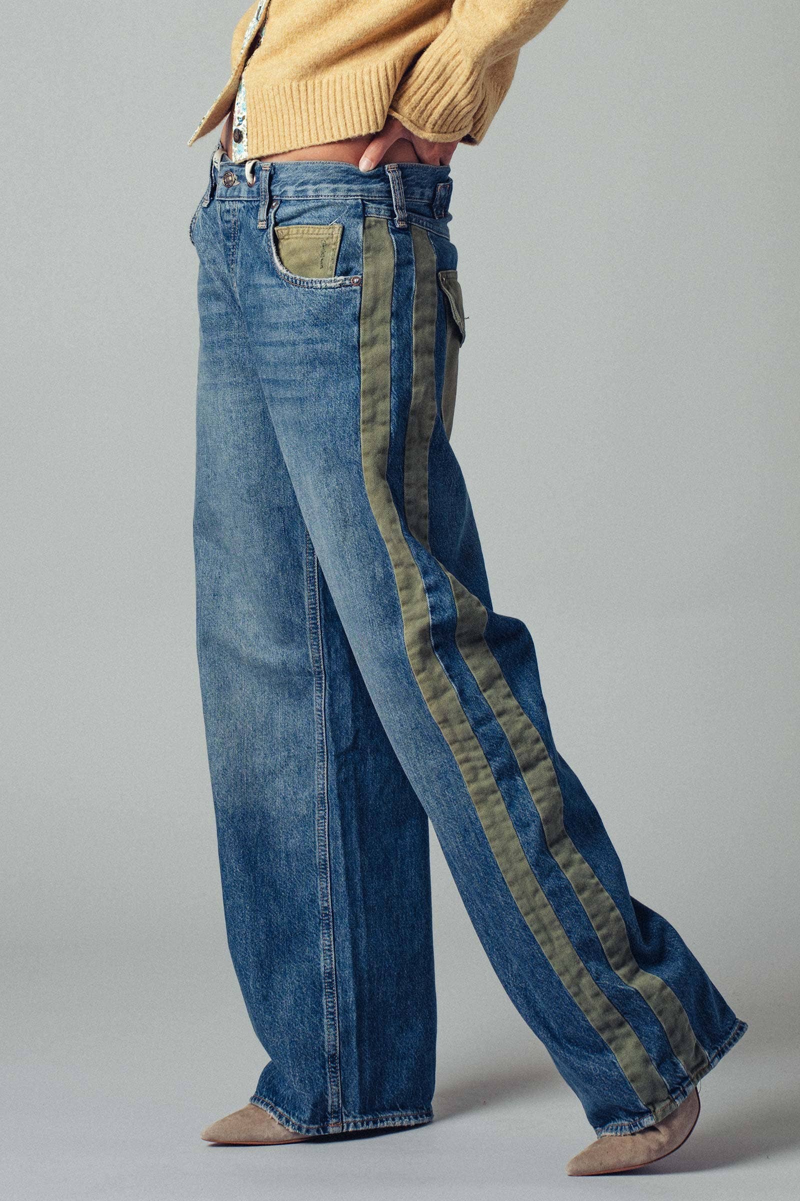 Wide-Leg Utility Stripe Denim Jeans