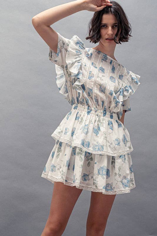 White Blue Floral Ruffle Sleeve Tiered Mini Dress