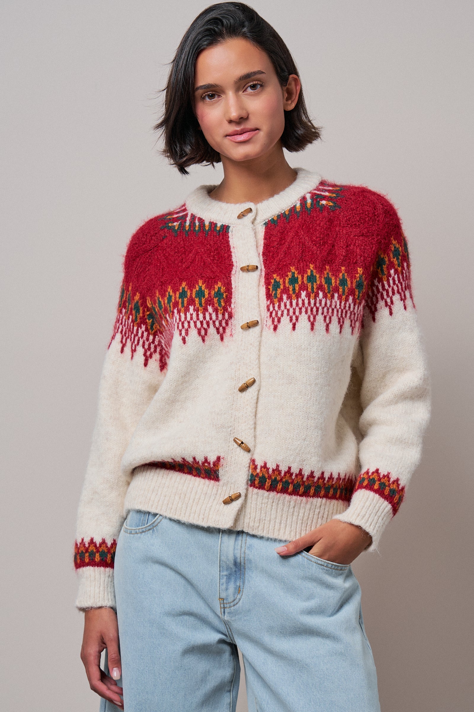 Nordic Pattern Wool Blend Toggle Cardigan