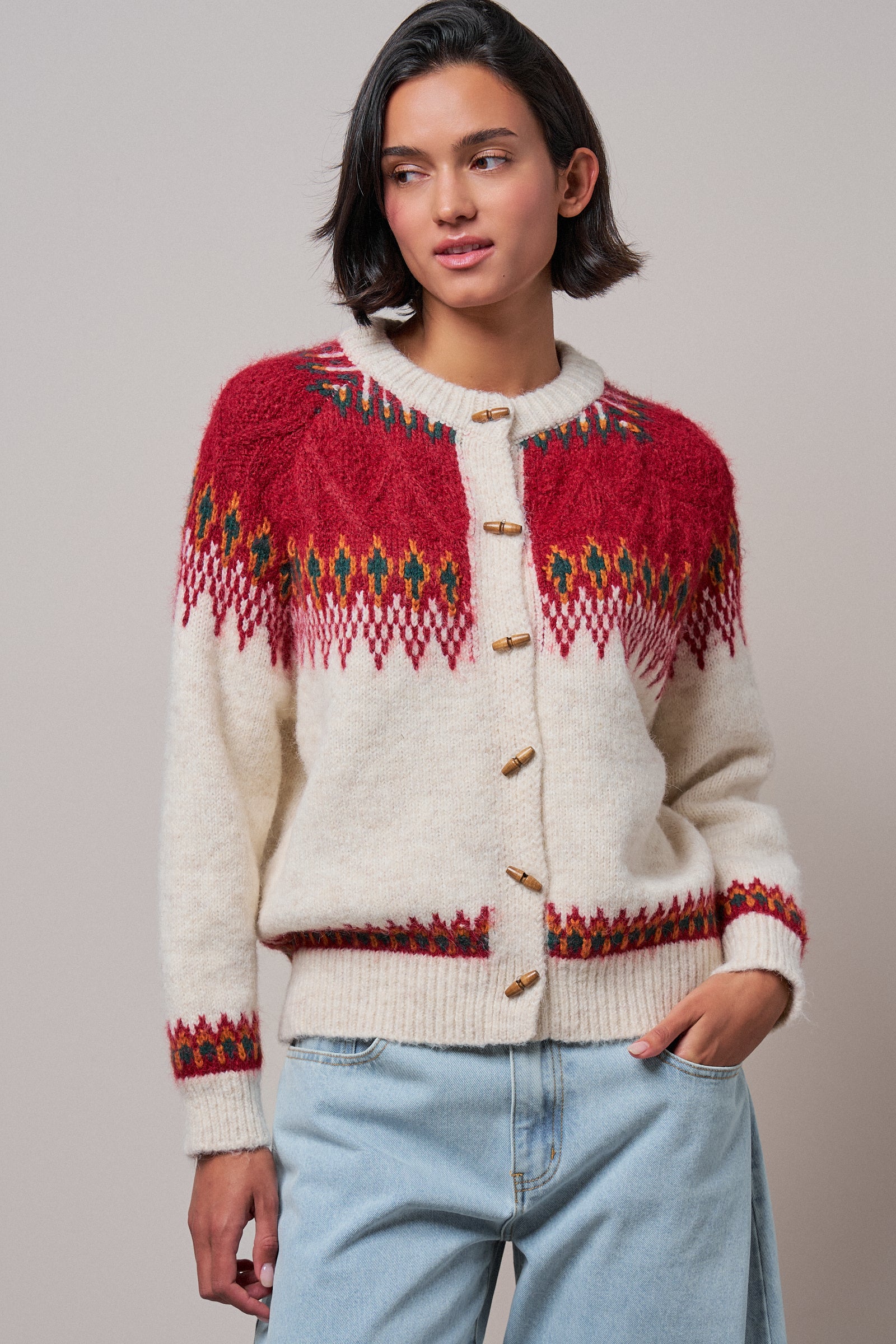 Nordic Pattern Wool Blend Toggle Cardigan