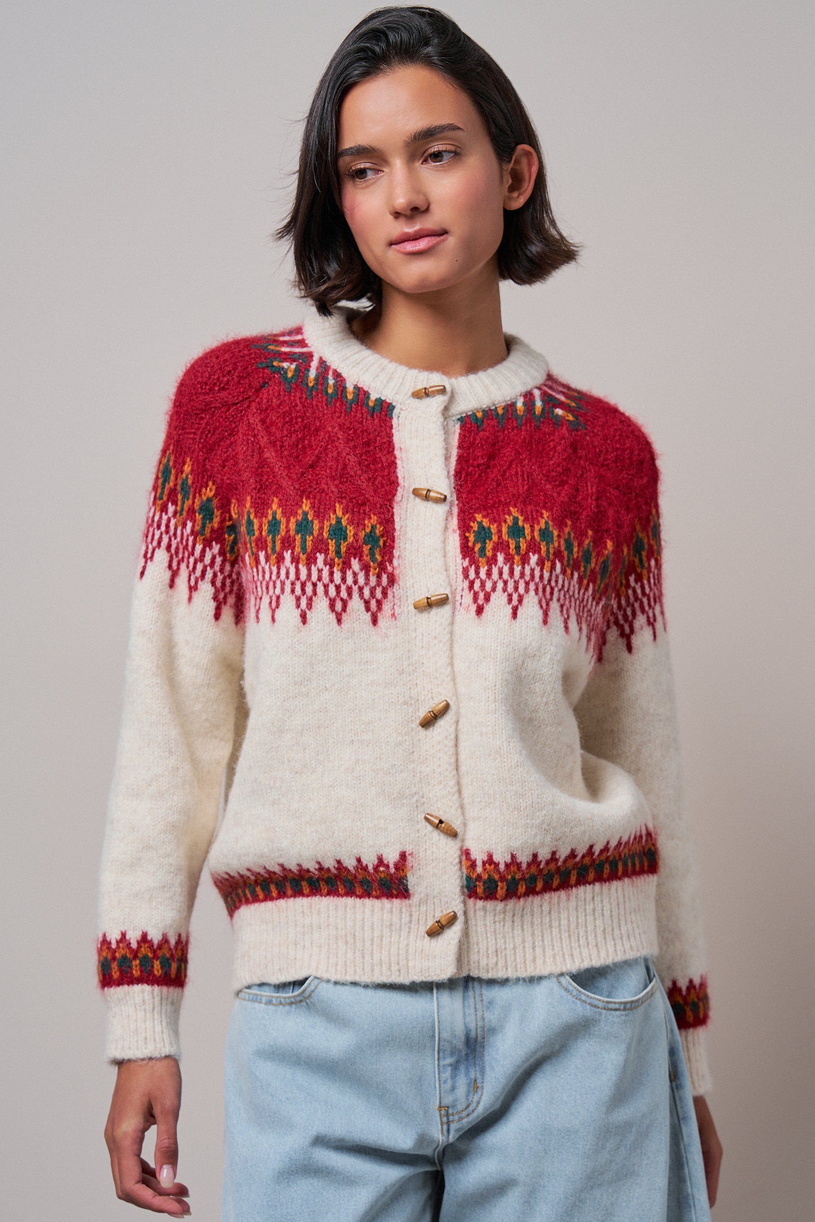 Nordic Pattern Wool Blend Toggle Cardigan